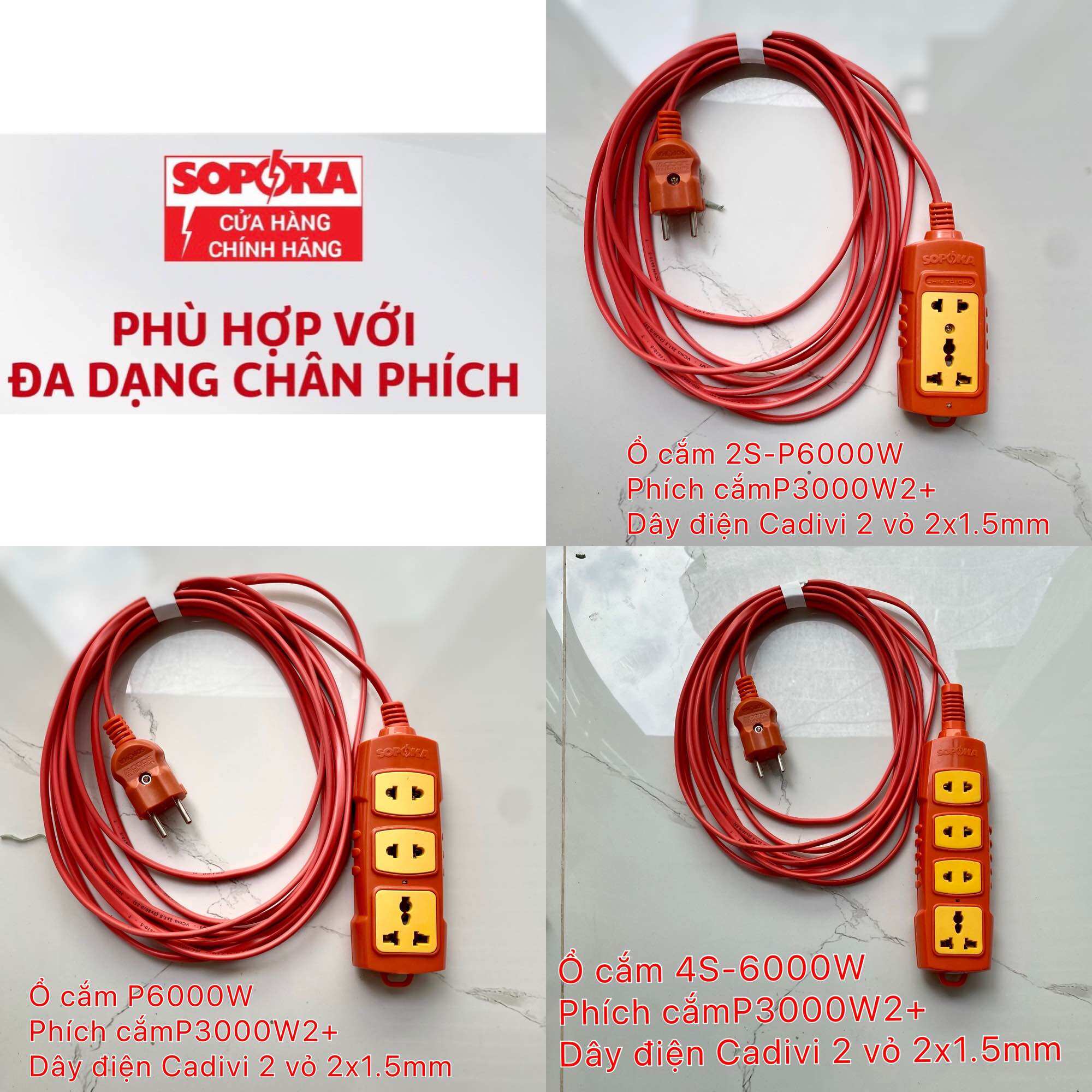 Ổ cắm điện chịu tải cao 3000w sopoka dây cadivi 2 vỏ 2x1.5 dài 3m, 5m, 10m