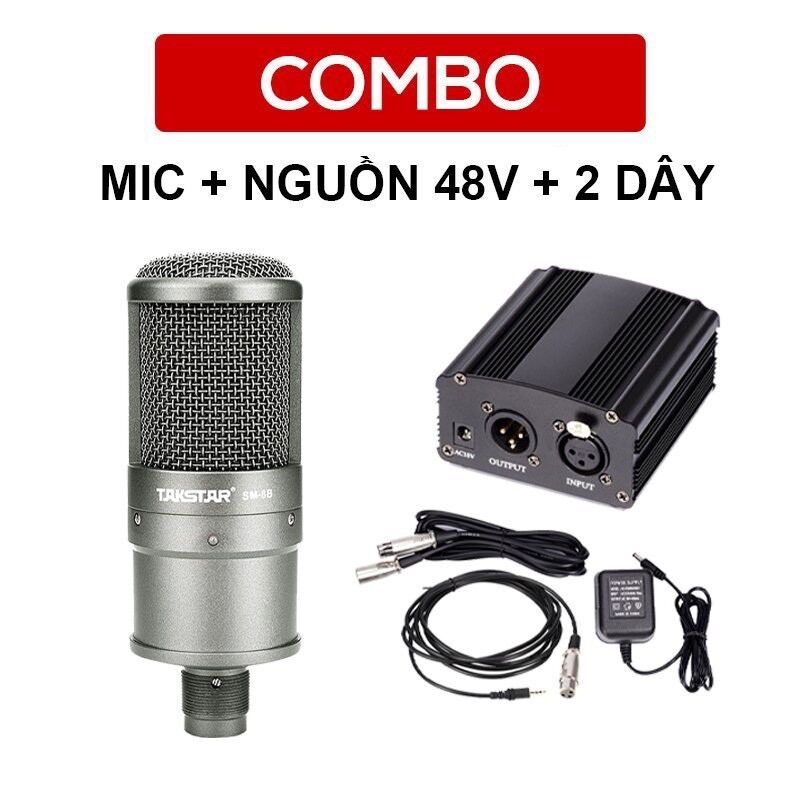 Combo mic thu âm takstar sm8b+nguồn 48v cho mic sao cạc 5v kèm dây và phụ kiện