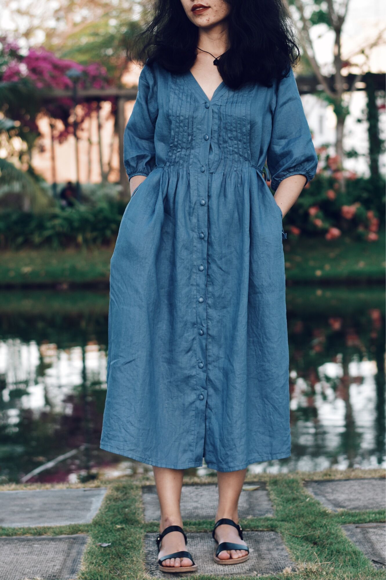 Đầm linen thắt eo