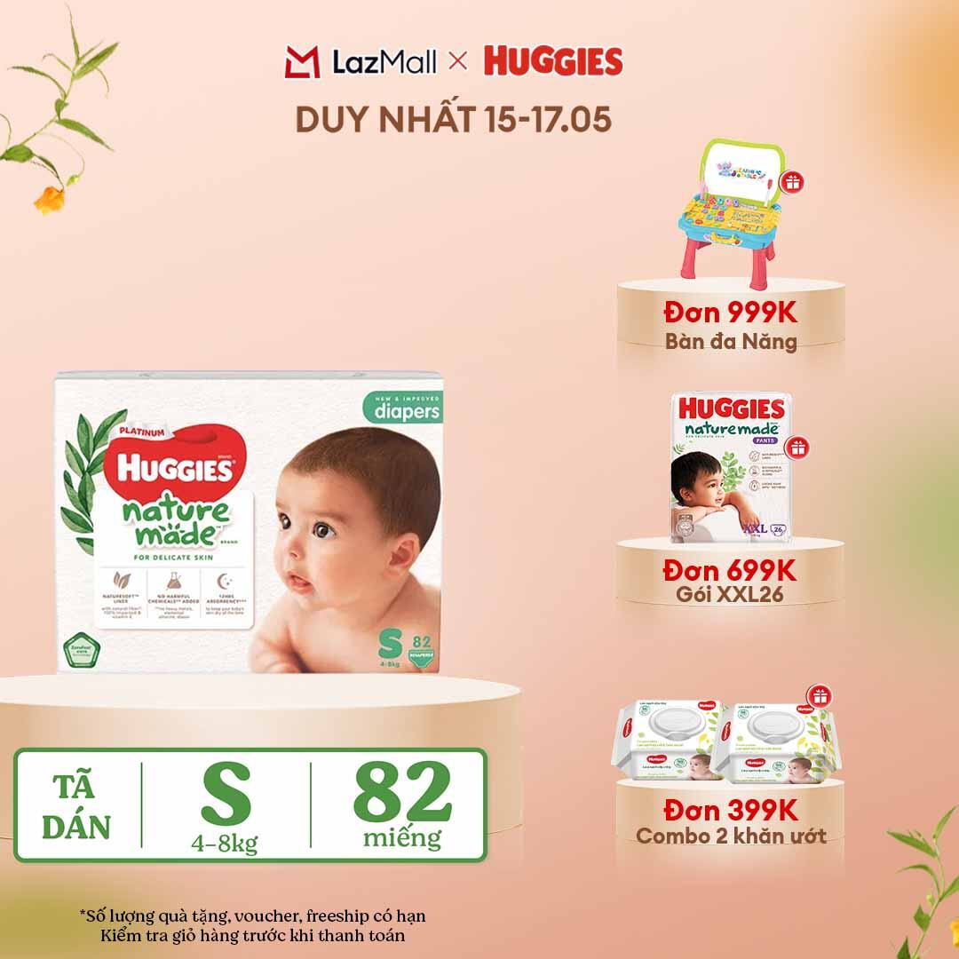 [CHỈ 15-17.05 QUÀ TẶNG ĐƠN 399K](Mua 1 tặng 1) Tã/Bỉm dán sơ sinh Huggies Platinum NatureMade S82 (4-8kg)-Gói Super Jumbo 82 miếng