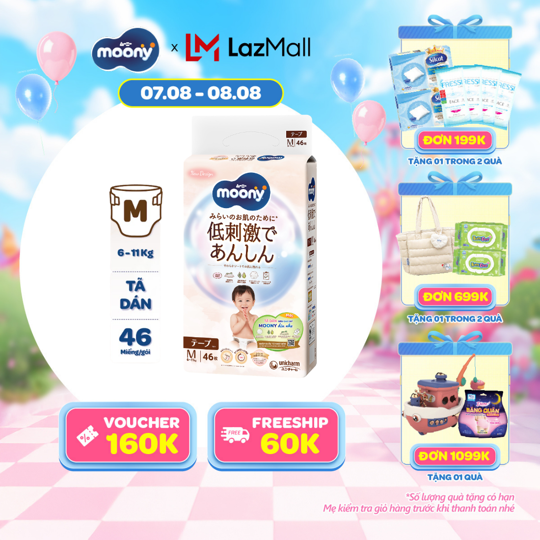 [20g 7-10.8 QUÀ TẶNG SLCH] Tã dán Moony Dịu Nhẹ siêu cao cấp M46 miếng - Nhập khẩu từ Nhật Bản