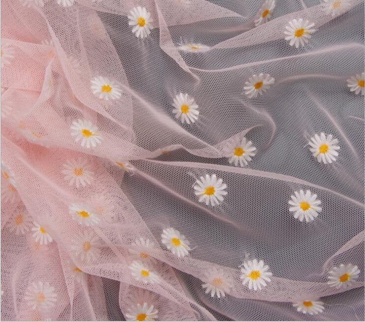 🌼 Vải voan lưới thêu hoa cúc 🌼 {GIÁ 3m}