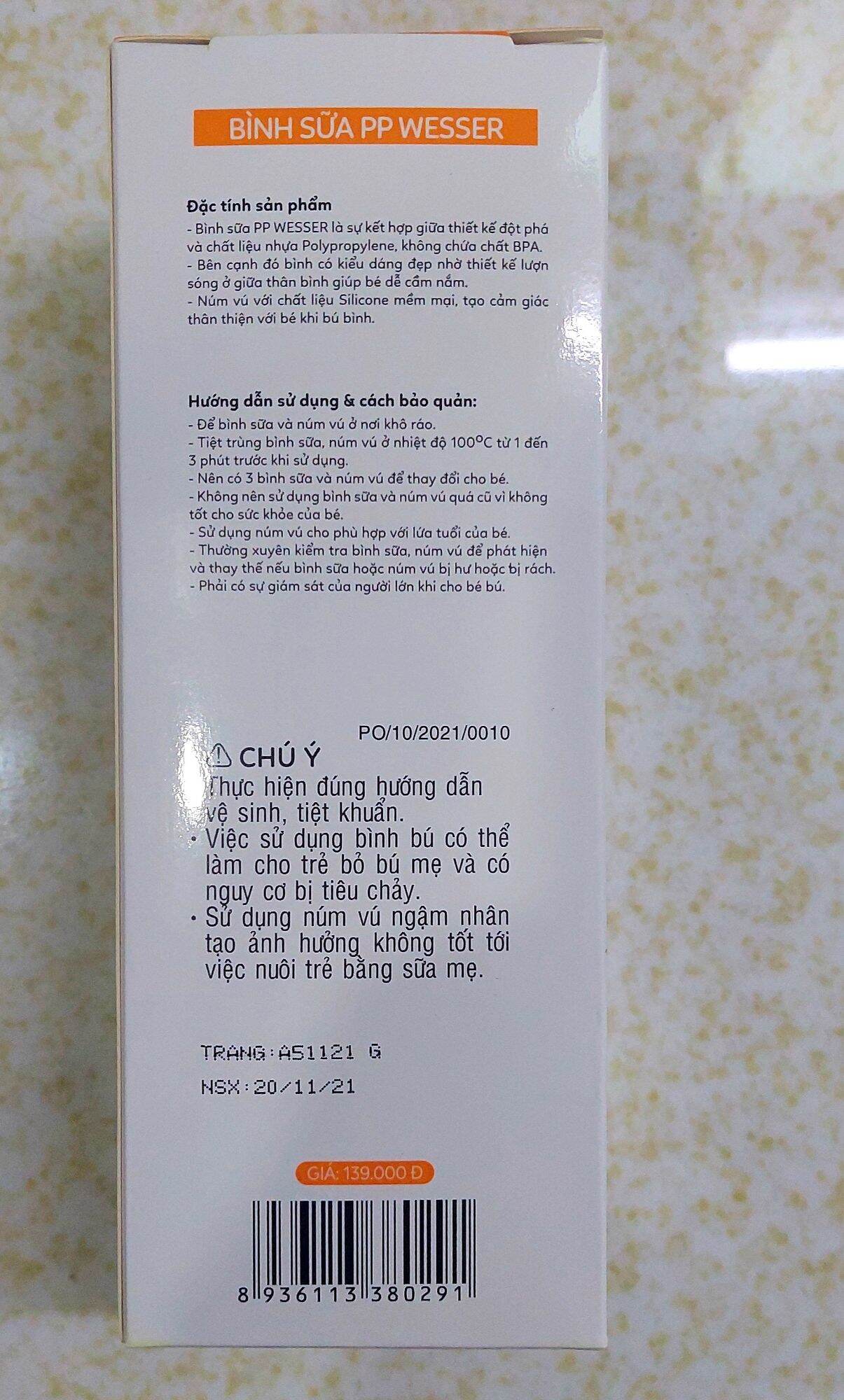 Bình sữa Wesser màu trắng 250ml(mẫu mới)