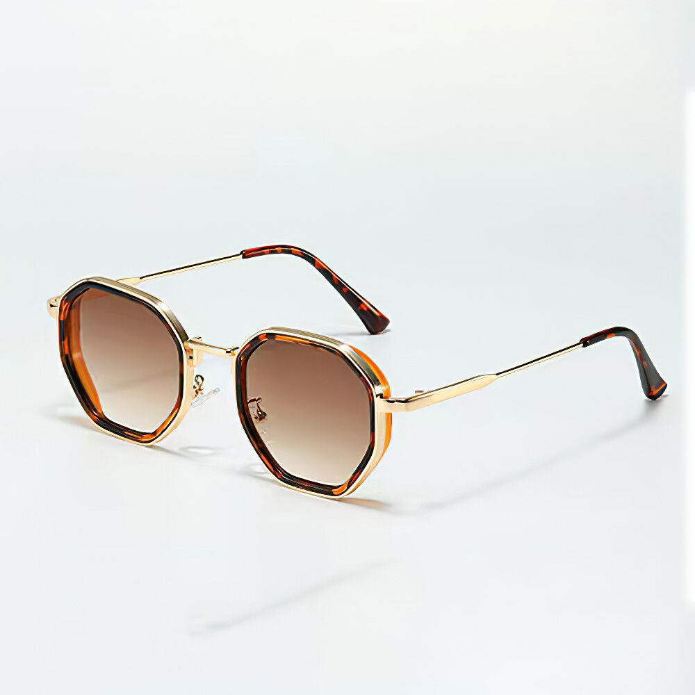 Kính Mát Vintage Hình Bát Giác Cho Nữ Hiện Đại Thời Trang Tròng Kính Màu Đen Viền Vàng UV400 Bảo Vệ 
