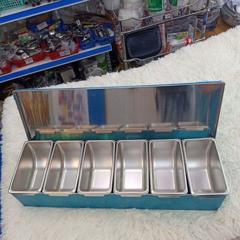 Bộ khay đựng topping đựng gia vị inox 6 ngăn
