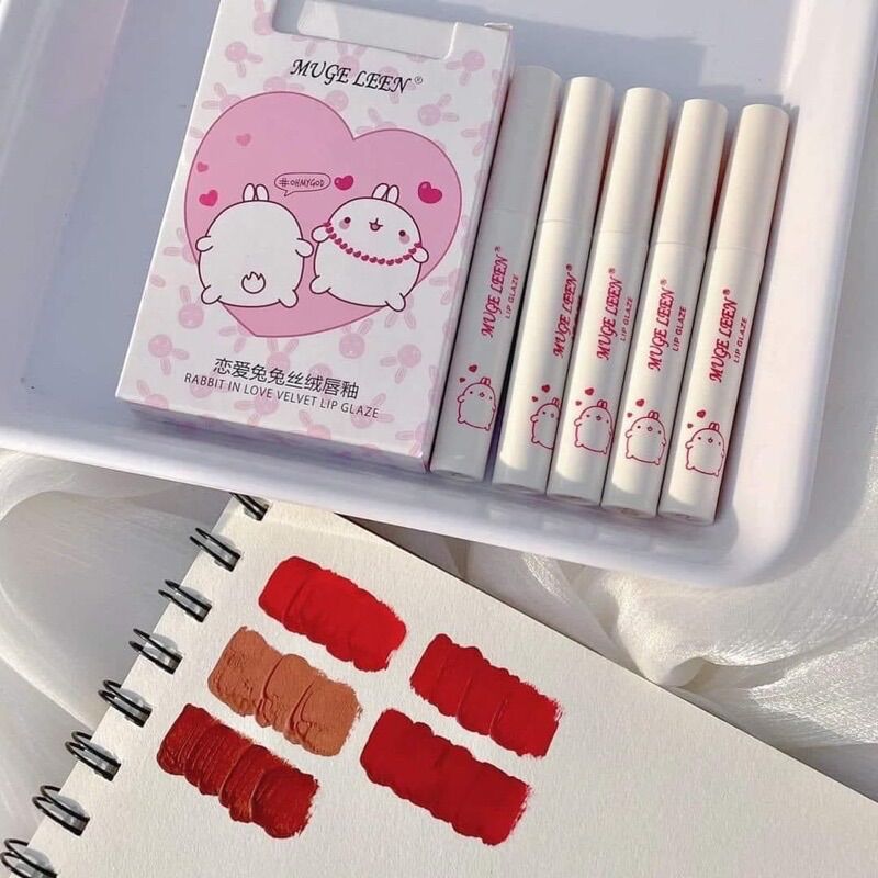 Set 5 son kem lỳ mugeleen thỏ trắng trái tim