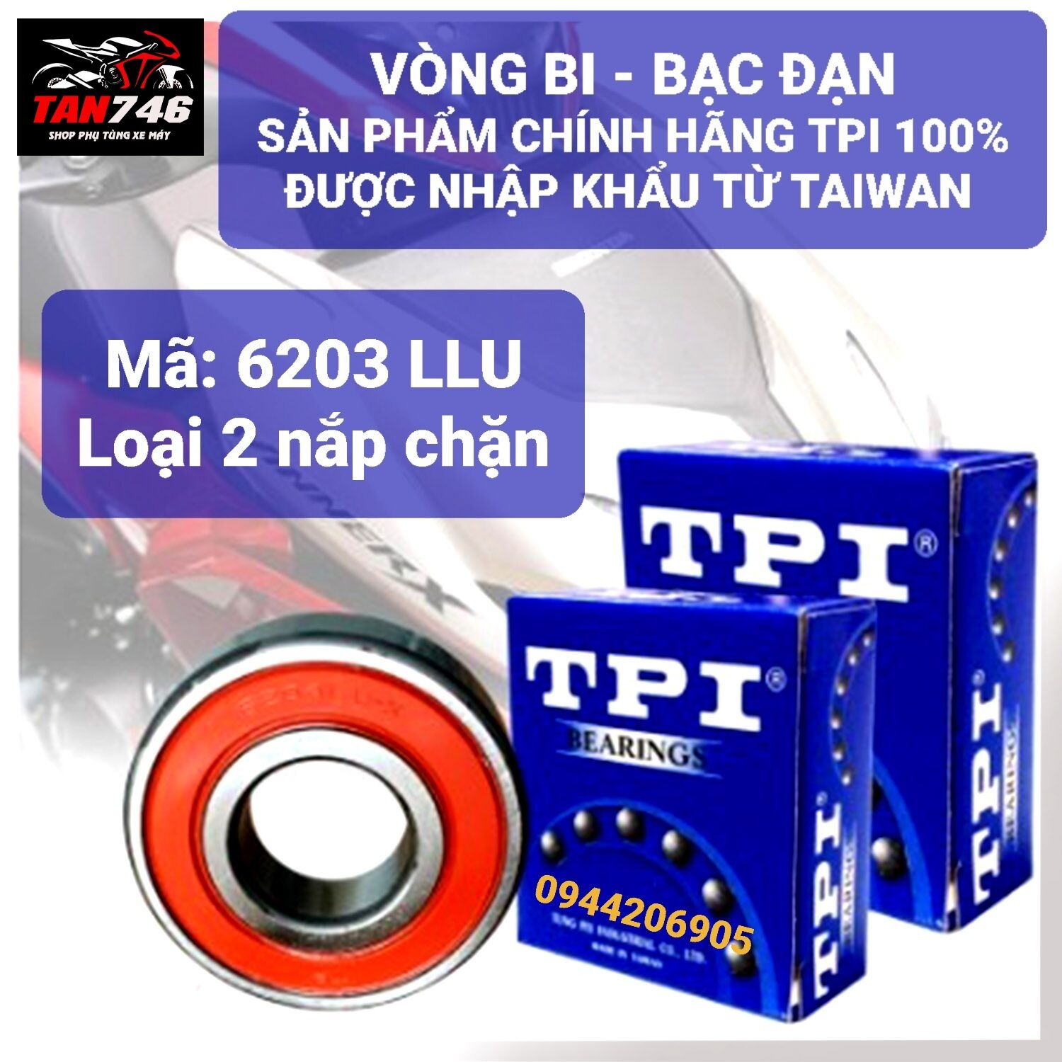 Vòng bi, bạc đạn tpi 6203 llu. loại có 2 nắp chặn bằng nhựa tổng hợp. sản phẩm chính hãng của tpi, nhập khẩu từ đài loan.
