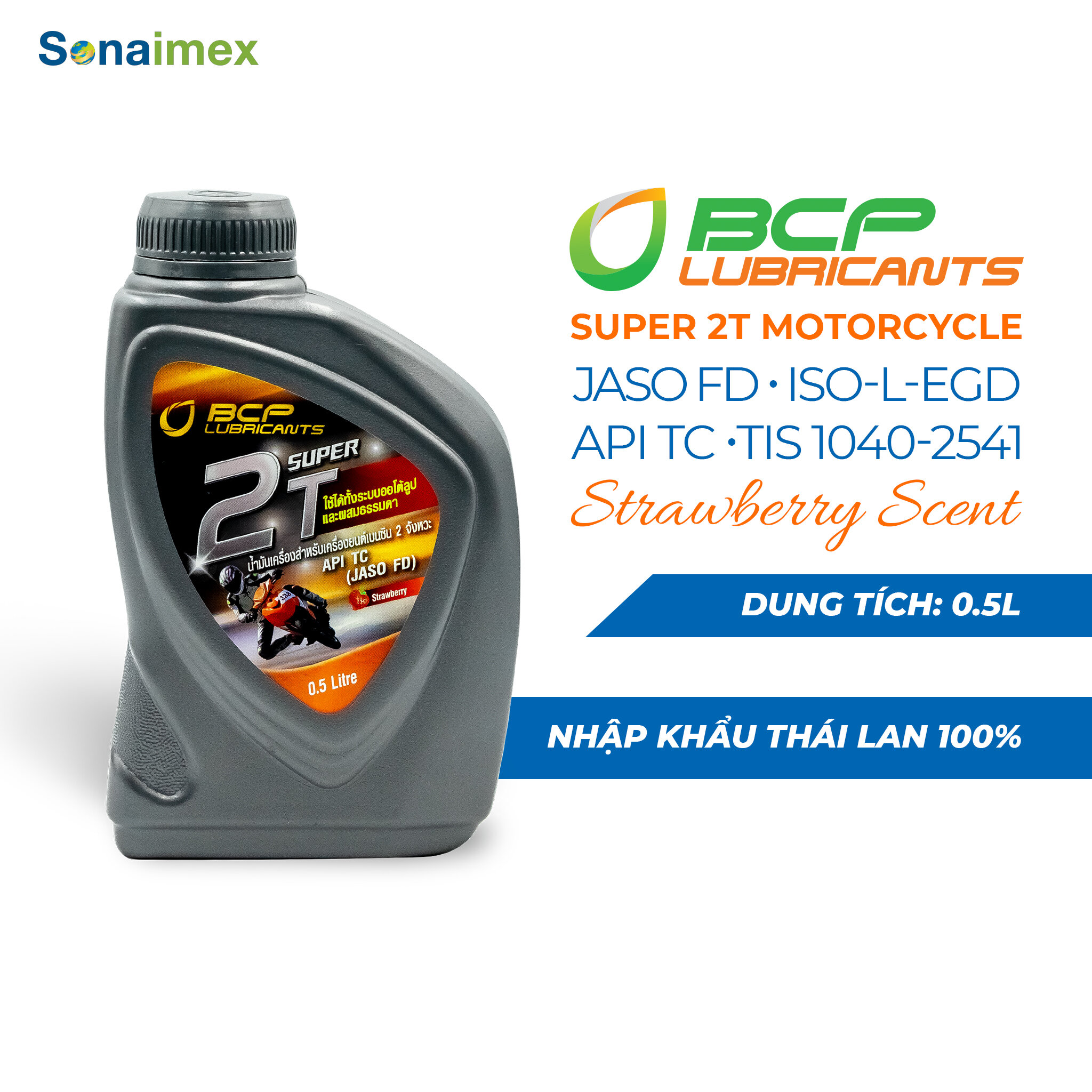 Nhớt xe máy 2 thì pha xăng thơm mùi dâu tây nhẹ BCP SUPER 2T - API TC, JASO FD - Chai 500mL nhập khẩu Thái Lan 100%