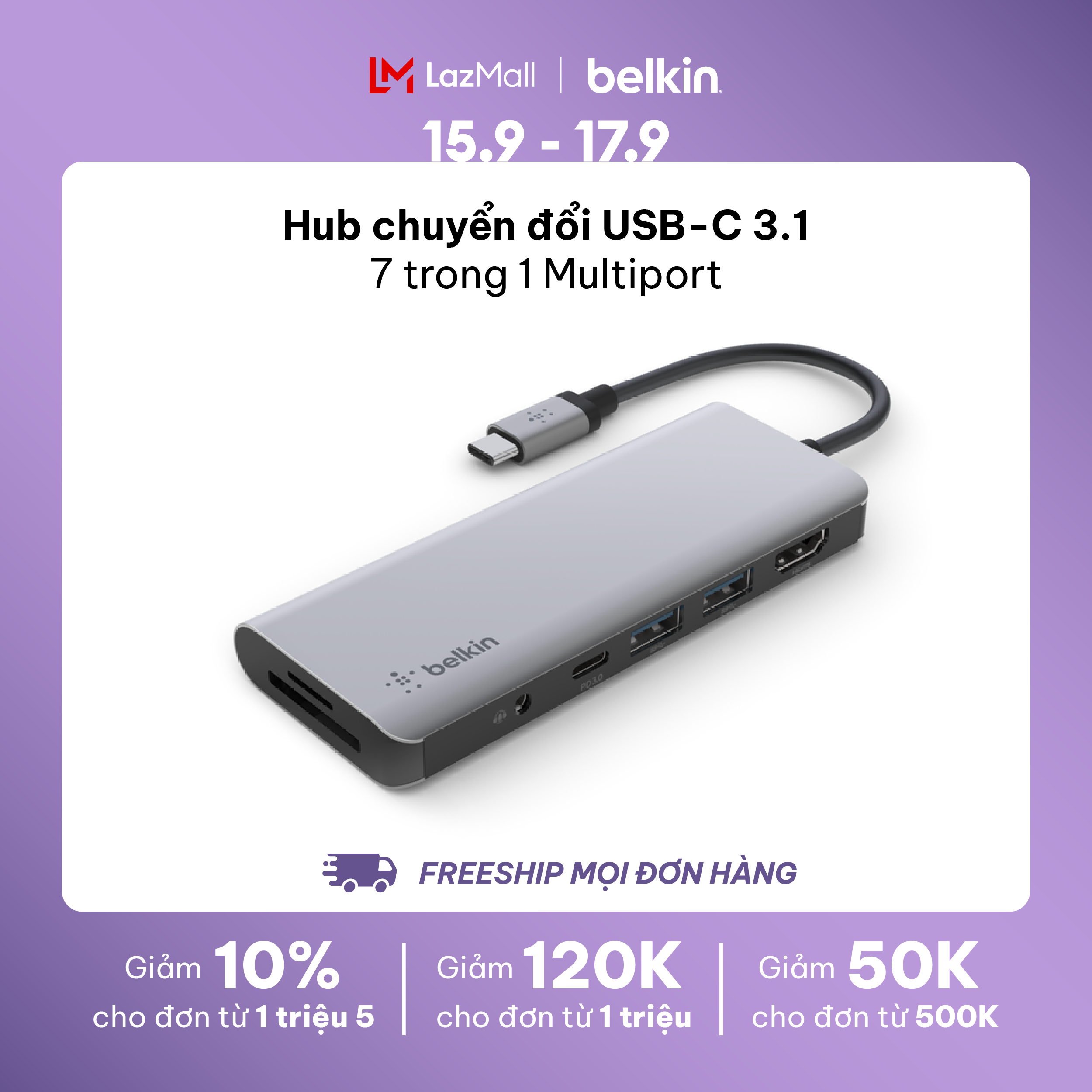 Hub chuyển đổi Belkin 7 trong 1 USBC Multiport Bảo hành 2 năm