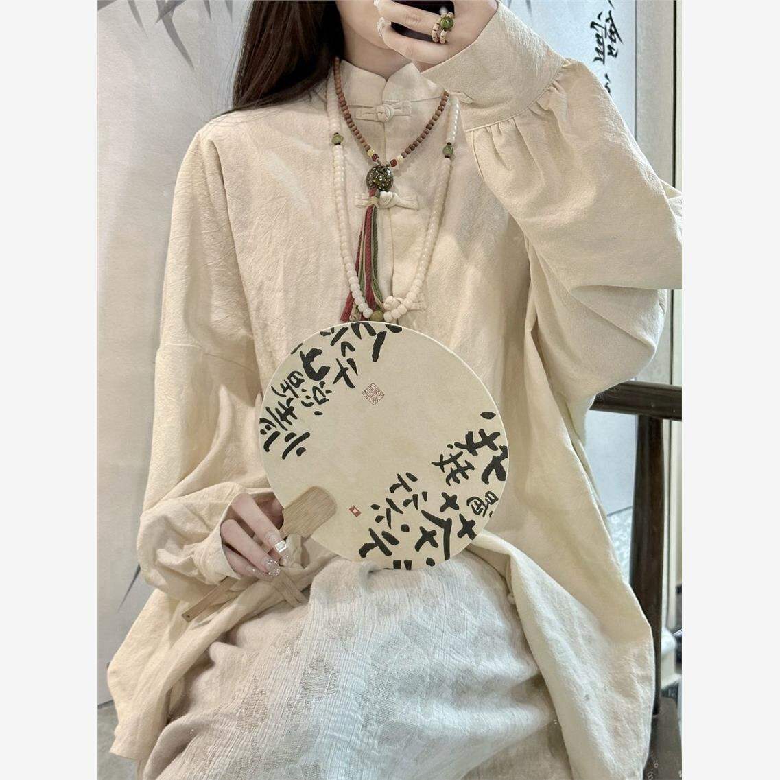 Bộ Đồ Trà Phong Cách Trung Hoa Mới Bằng Vải Lanh Cotton Pure Color Cổ Đứng Tay Thường Không Có Thương Hiệu Quần Áo Nữ