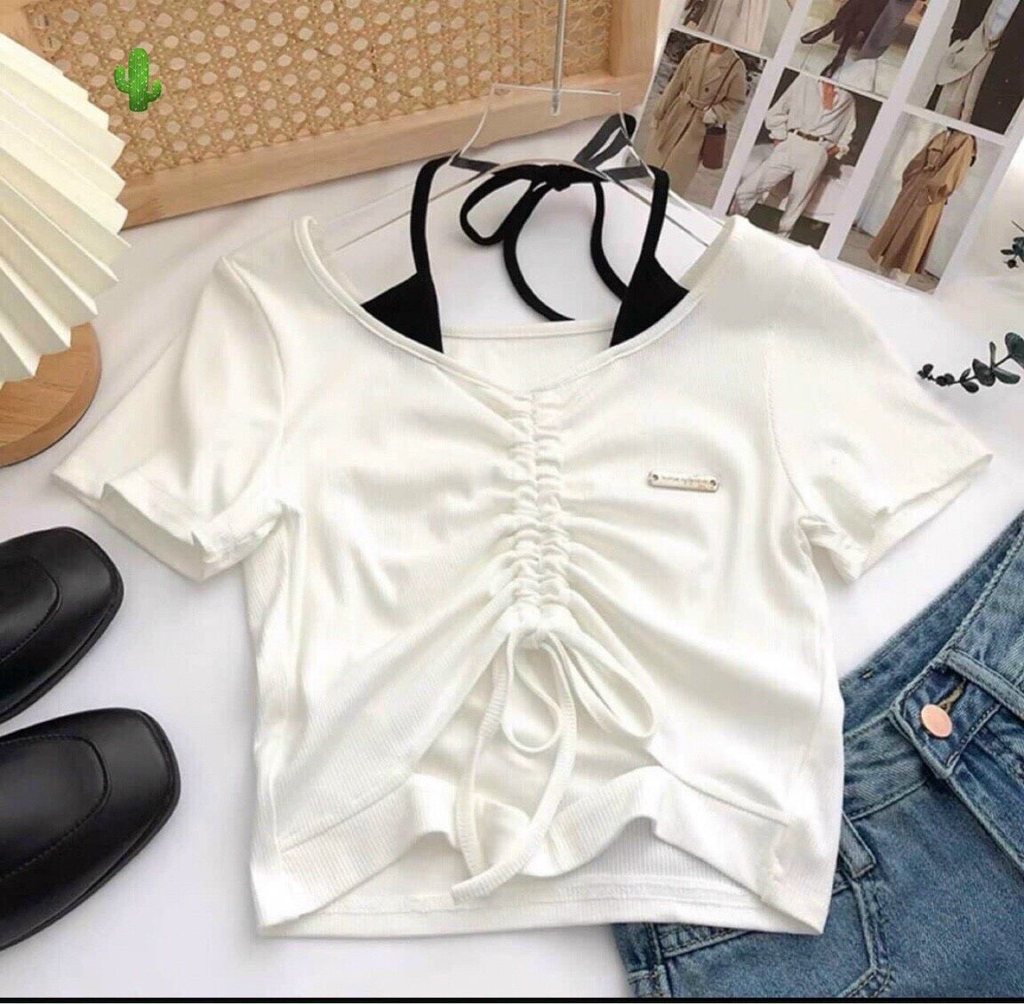 Áo croptop rút dây có dây yếm eo cực chất