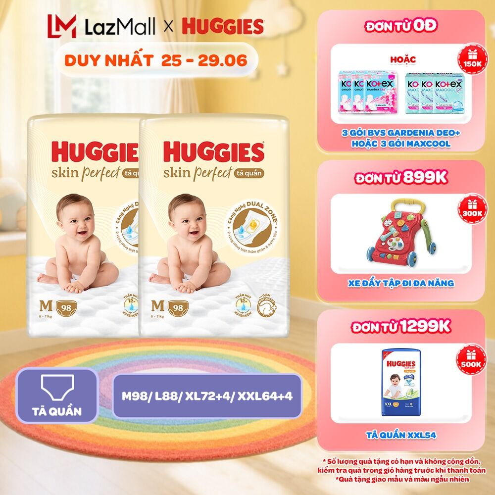 Combo 2 gói Tã quần Huggies Skin Perfect Mega Jumbo M98/L88/XL72+4/XXL64+4 miếng với 2 vùng thấm giảm kích ứng da