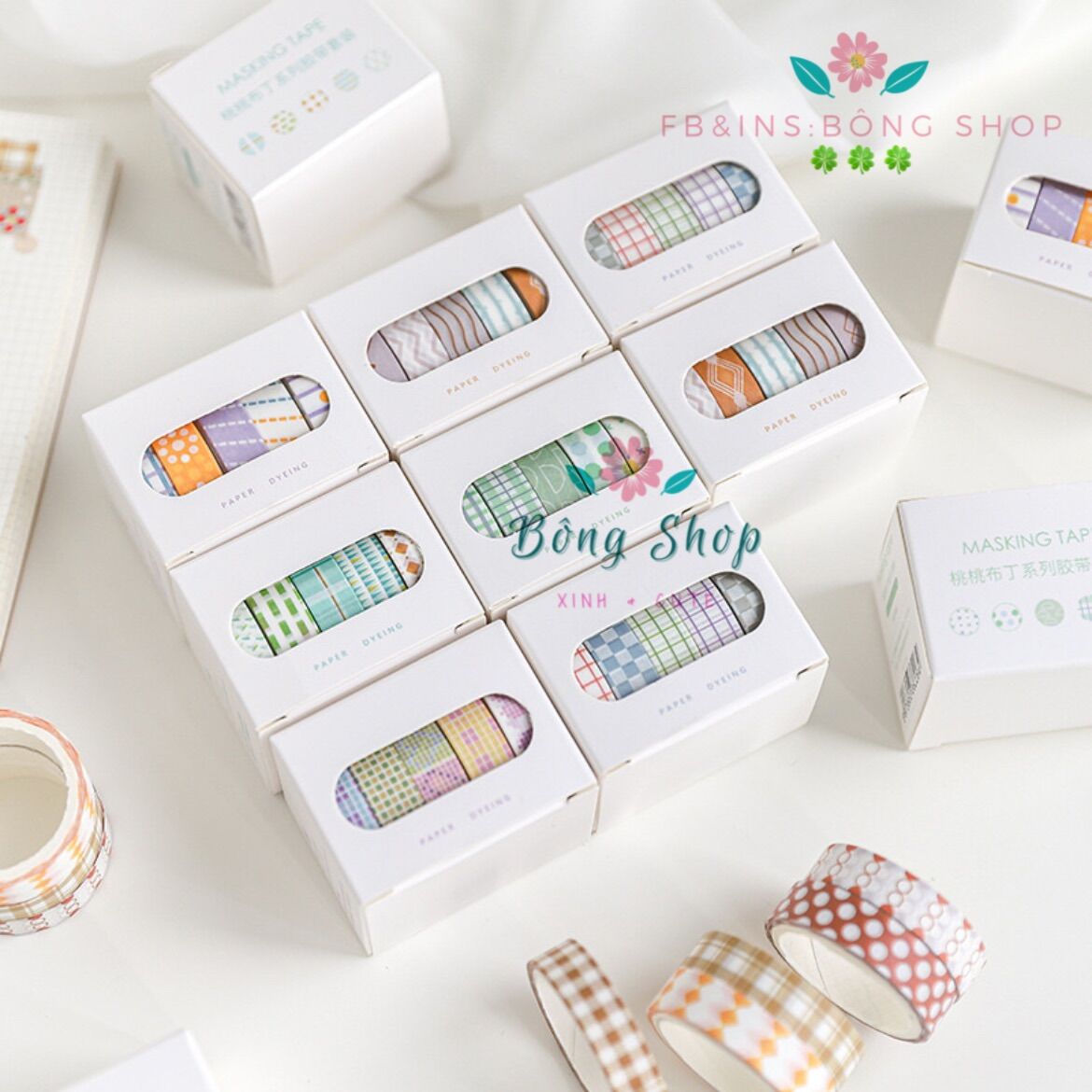 Băng dính washi tape họa tiết kẻ sọc ca rô màu sắc tươi sáng set 5 cuộn Bông Shop