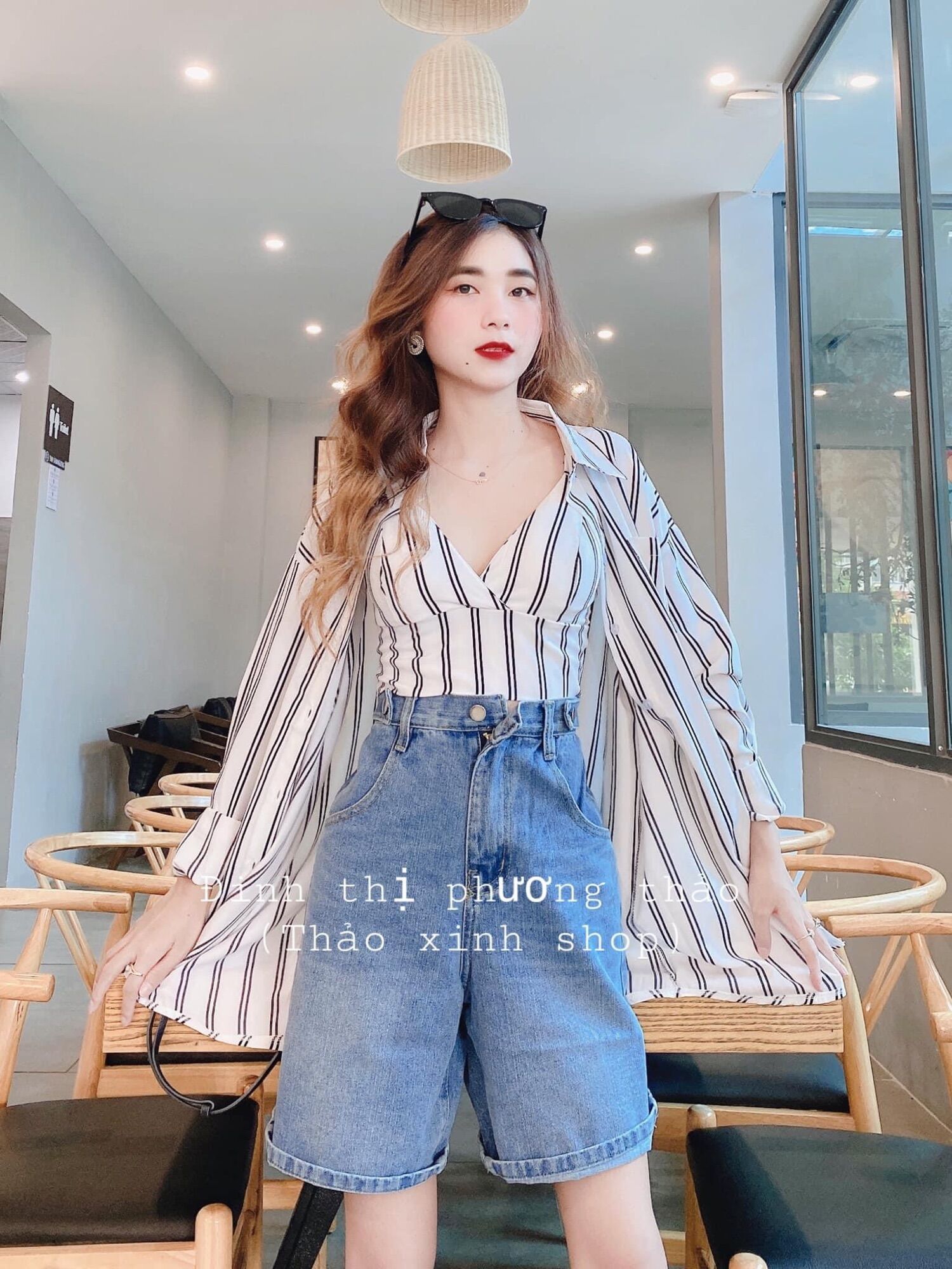 Set Quần Jeans Ngố Đai Nút + Set 2 Món Sơ Mi Sọc