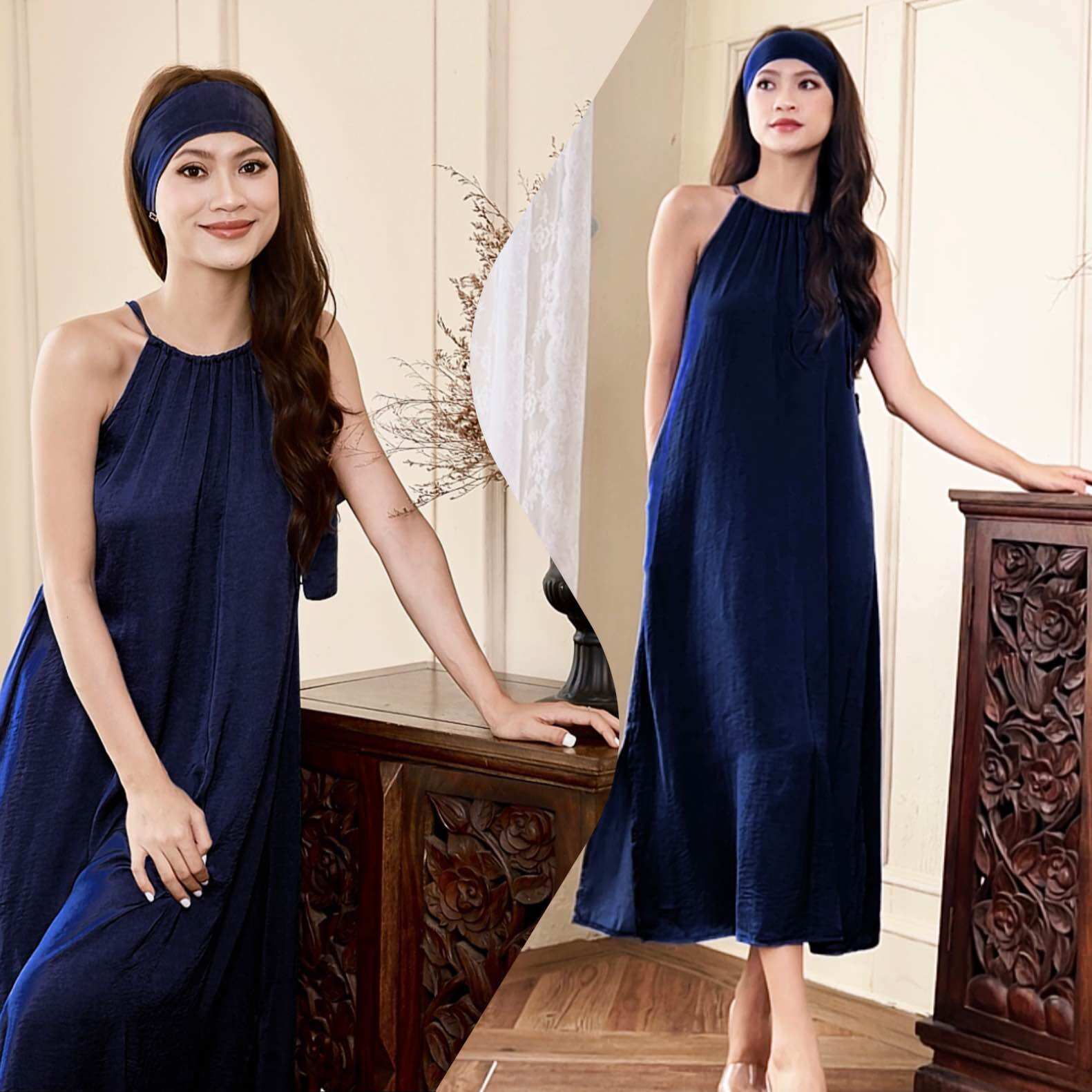 Đầm lụa suông cổ yếm kèm dây buộc eo nữ tính Infashion