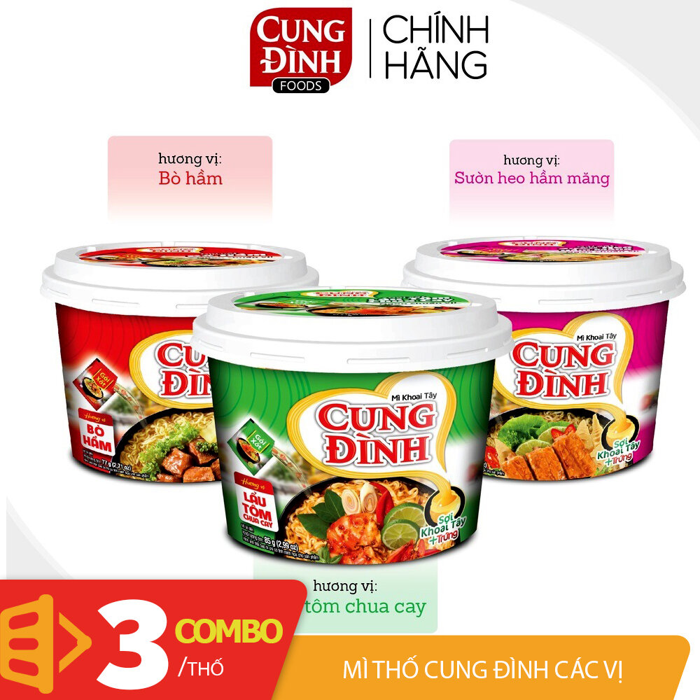 Combo 3 mì thố Cung Đình lẩu tôm bò heo mix 3 vị sợi mì khoai tây 85gr thố
