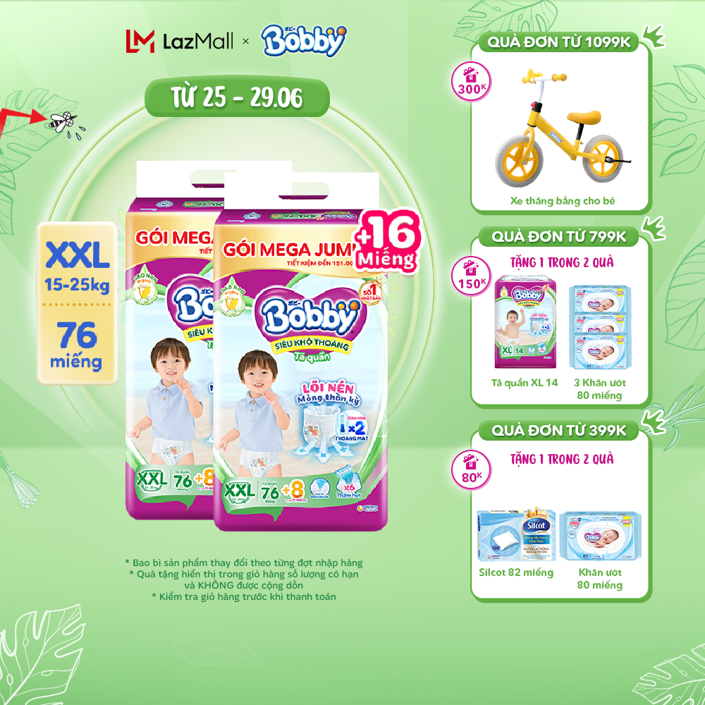 [Tặng thêm 16 miếng] Combo 2 Tã/bỉm quần Bobby 3mm Gạo non XXL76
