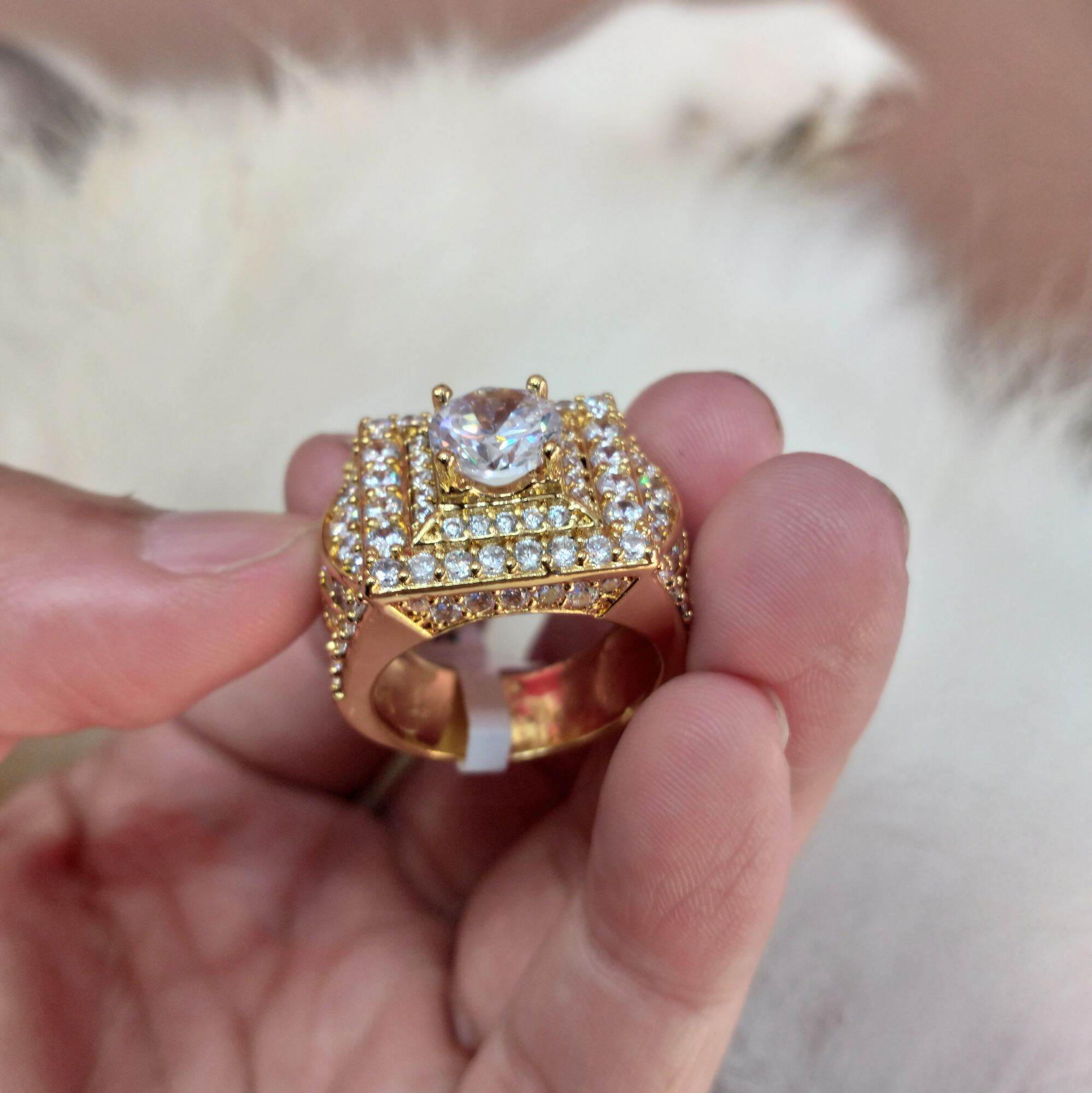 (Có Video) Nhẫn Nam Đính Đá Hột Xoàn To Mạ Vàng 18K Cao Cấp Dành Cho Anh Trai Đi Dự Tiệc Đeo Như Đại