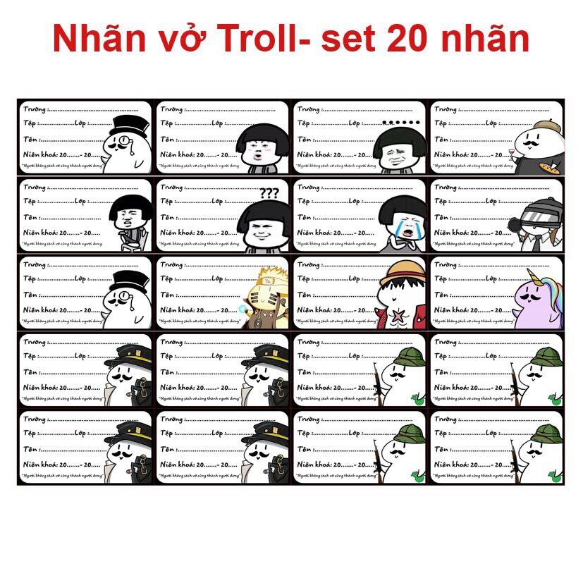 Nhãn vở troll meme 20 nhãn có lớp bóc dán