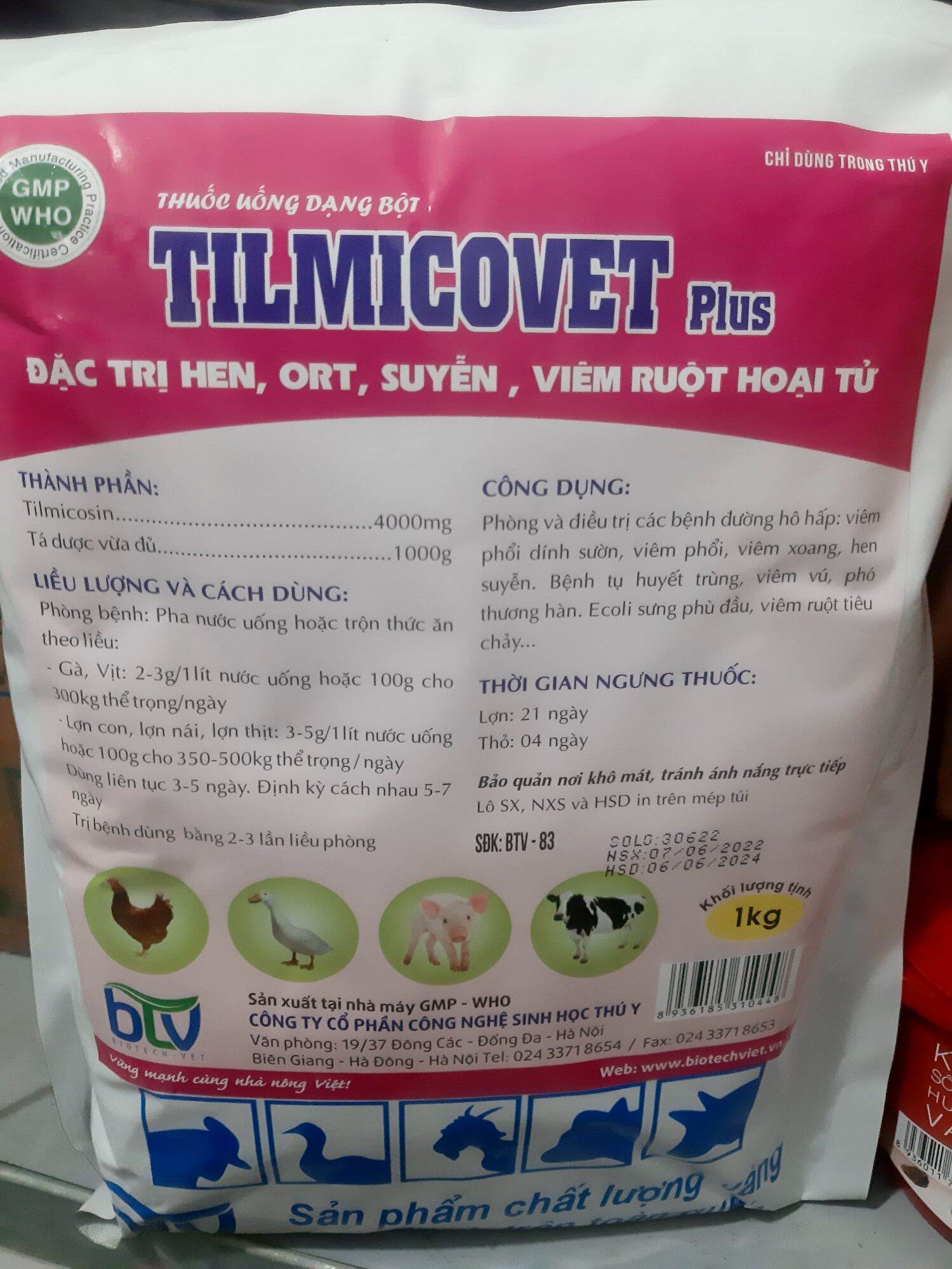 Tilmicosin -1kg hô hấp ,hen khẹc,khò khè gia súc gia cầm