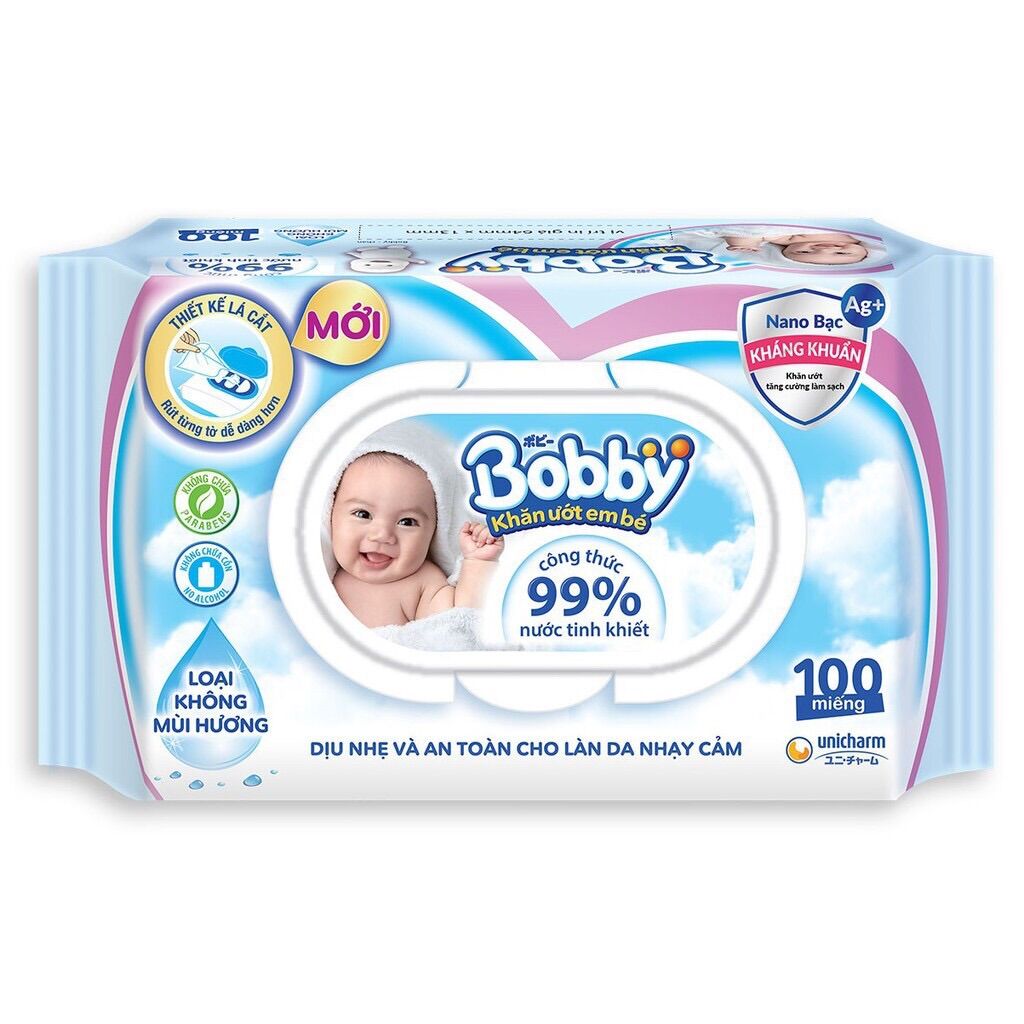 Khăn Ướt Bobby Không Mùi (100 Miếng) mẫu mới