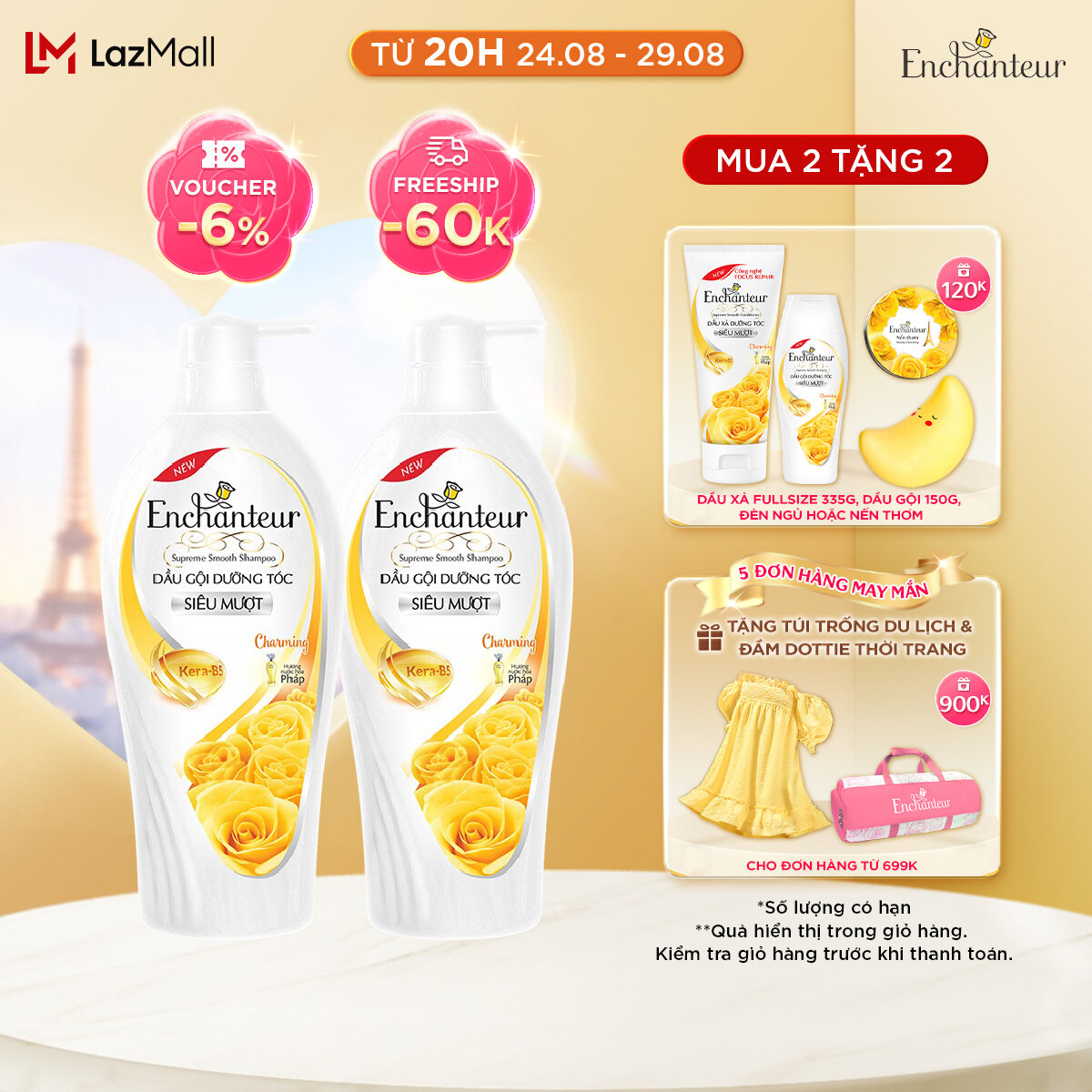 Combo 2 Dầu gội dưỡng tóc siêu mượt Enchanteur Charming Keratin 650gr/Chai