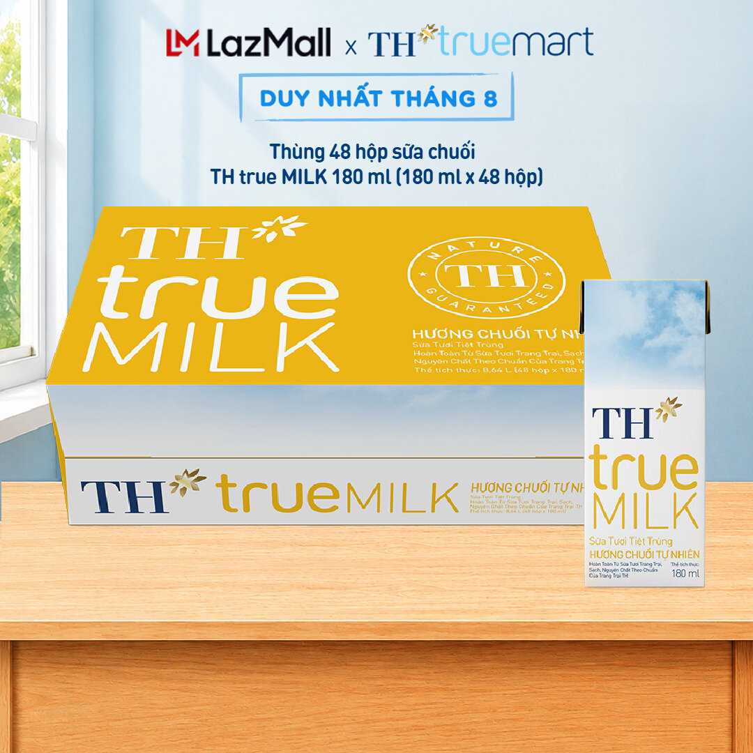 Thùng 48 hộp sữa tươi tiệt trùng TH true MILK hương chuối 180 ml (180 ml x 48)