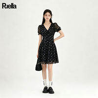 puella | Đầm Ôm Body Tay Ngắn A-Line Cổ V Hoa Đen Pháp