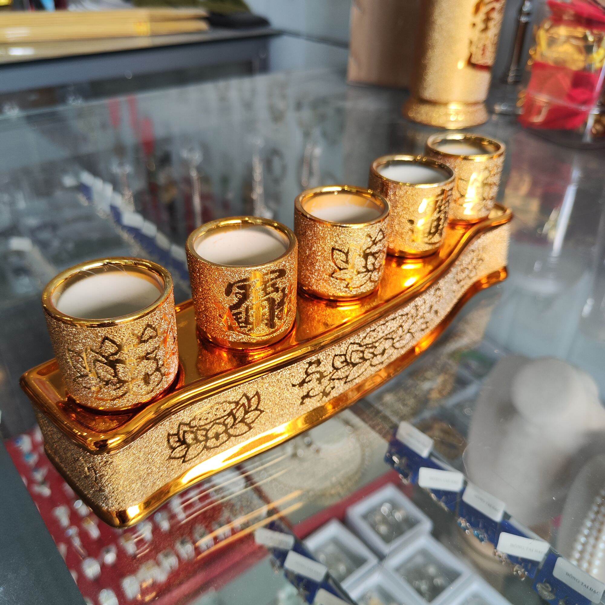 Bộ Áng 5 Ly Nước Thờ Cúng Kim Sa Vàng