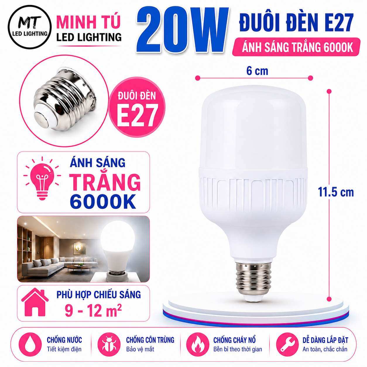 Bóng Đèn LED Trụ E27 20W 30W 40W 50W Siêu Sáng 6000K Tiết Kiệm Điện Chiếu Sáng Gia Đình | Giao Hỏa Tốc