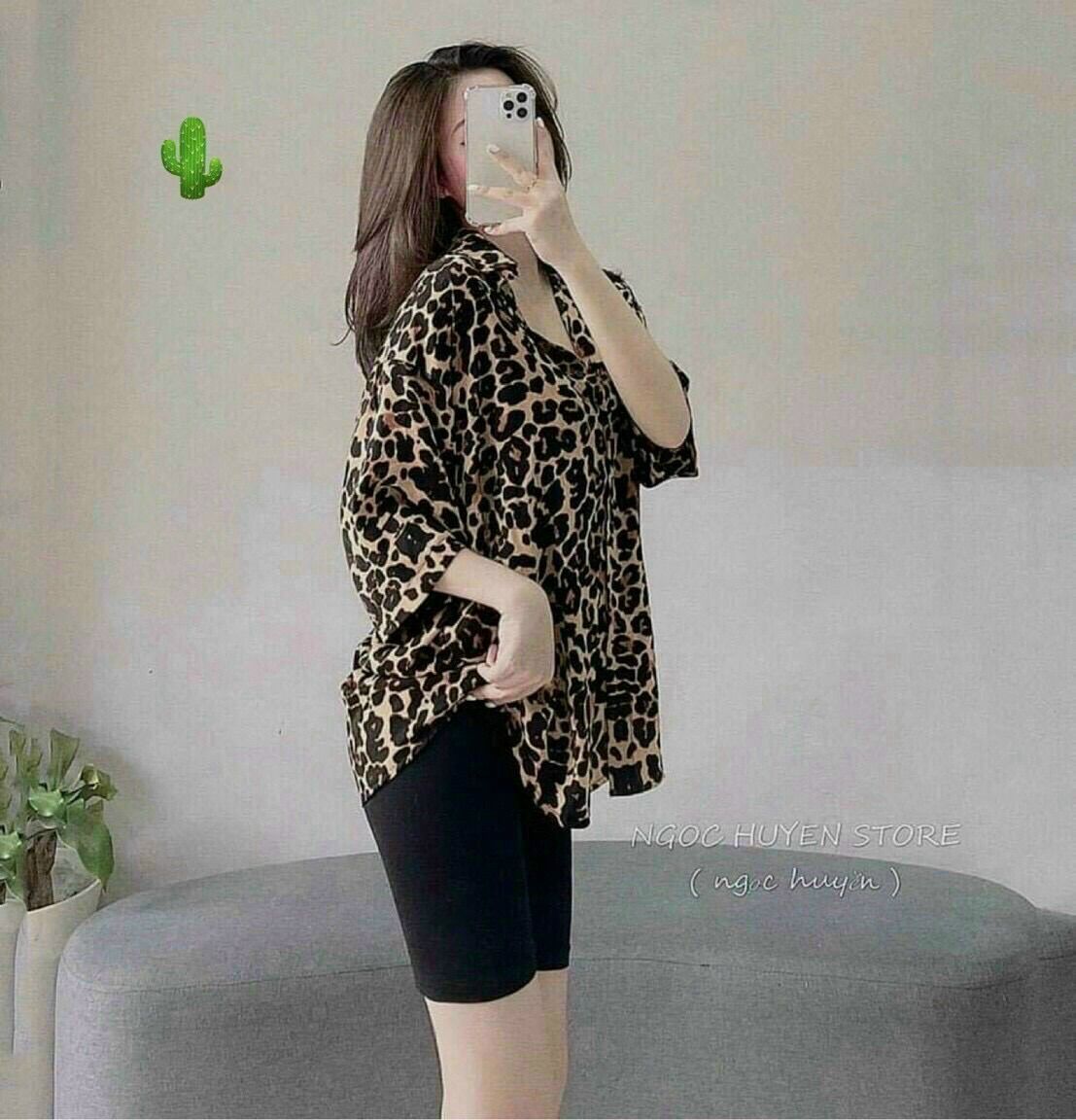 Set áo sơ mi đốm nâu quần leggin đùi