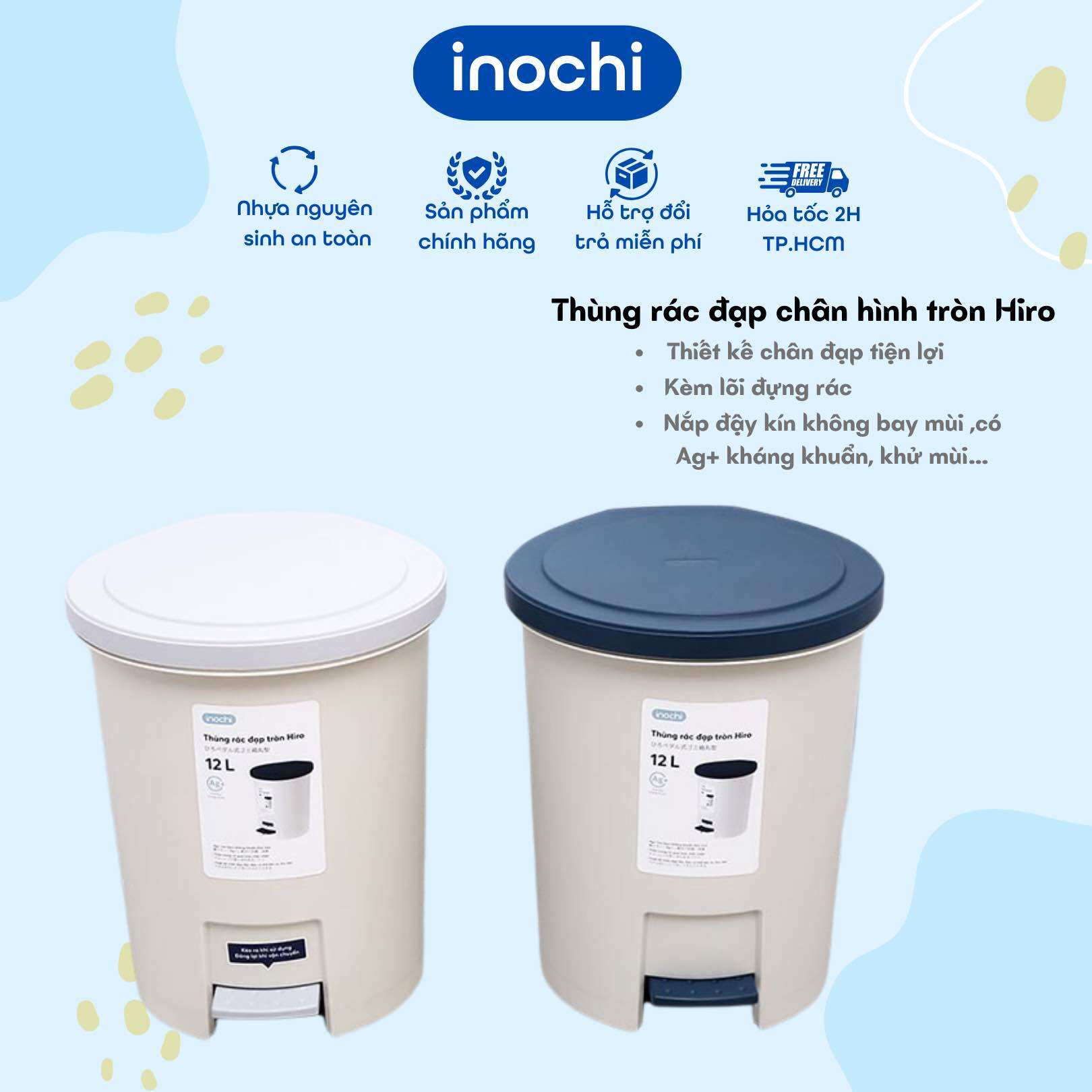 Thùng rác đạp tròn Hiro 6L 12L KÈM RUỘT tiện lợi, kháng khuẩn, thùng rác ngăn mùi hôi, thùng rác đẹp, để trong nhà