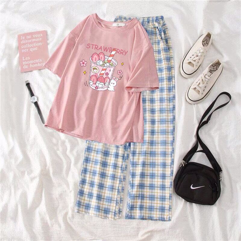 Sét áo cốC STrawberry kèm quần kẻ