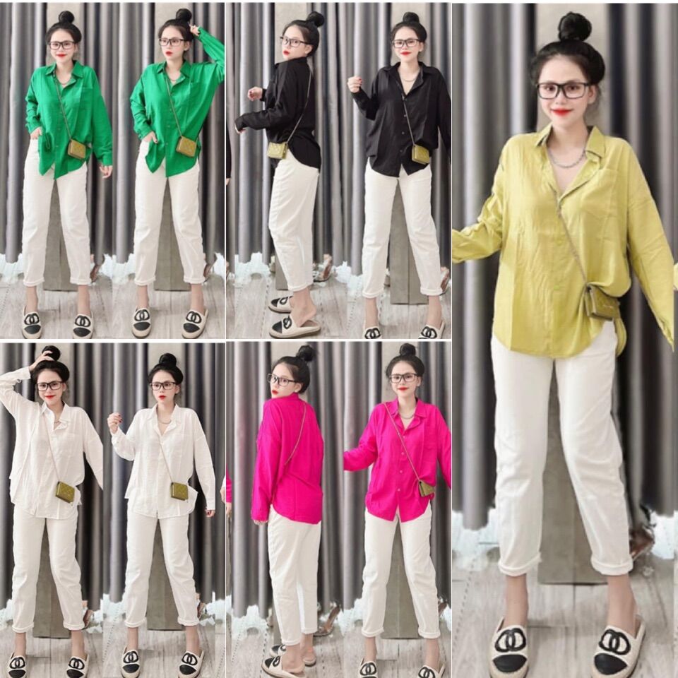 Áo sơ mi nữ dài tay dáng rộng vạt bầu đũi tơ lụa không nhăn