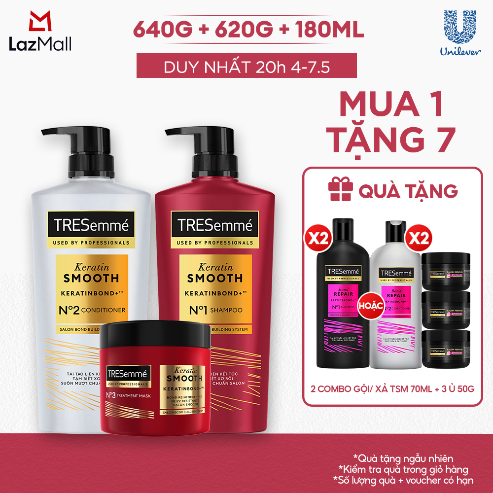 [TẶNG SẤY] Combo Dầu Gội, Dầu Xả, Kem Ủ TRESemmé Keratin Smooth/ Bond Repair 640g, 620g, 180ml Cho Tóc Hư Tổn Giúp Vào Nếp Suôn Mượt/ Ngăn Gãy Rụng
