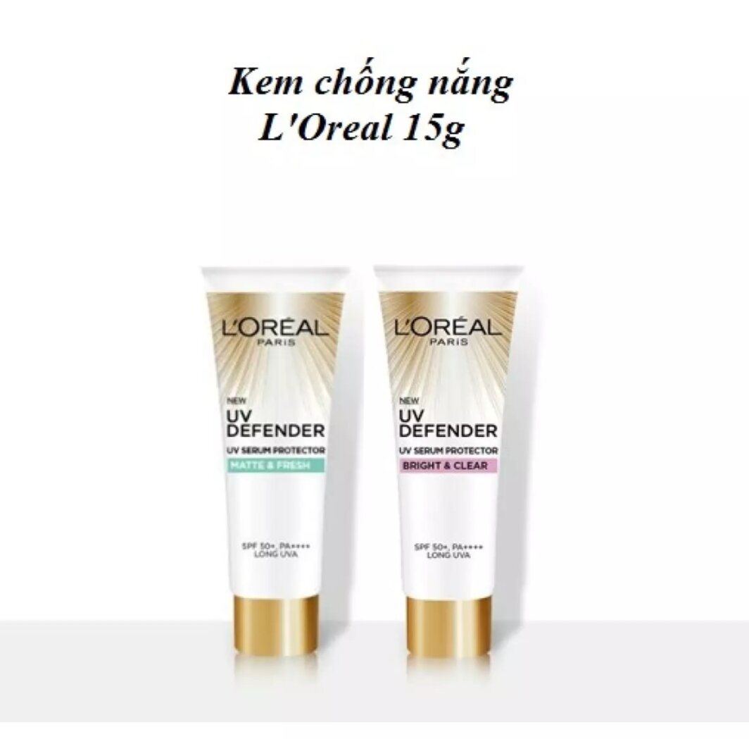 COMBO 2 - Kem chống nắng Loreal Paris defender kiềm dầu thoáng mịn -Chống nắng Loreal UV Defender Bright & Clear nâng tông giảm thâm 15ml - Kem chống nắng L'Oreal nâng tông