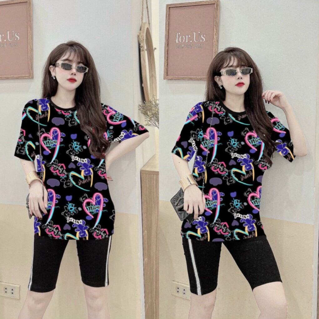 [ Đồ bộ cao cấp] Bộ đồ lửng in họa tiết trái tim siêu xinh