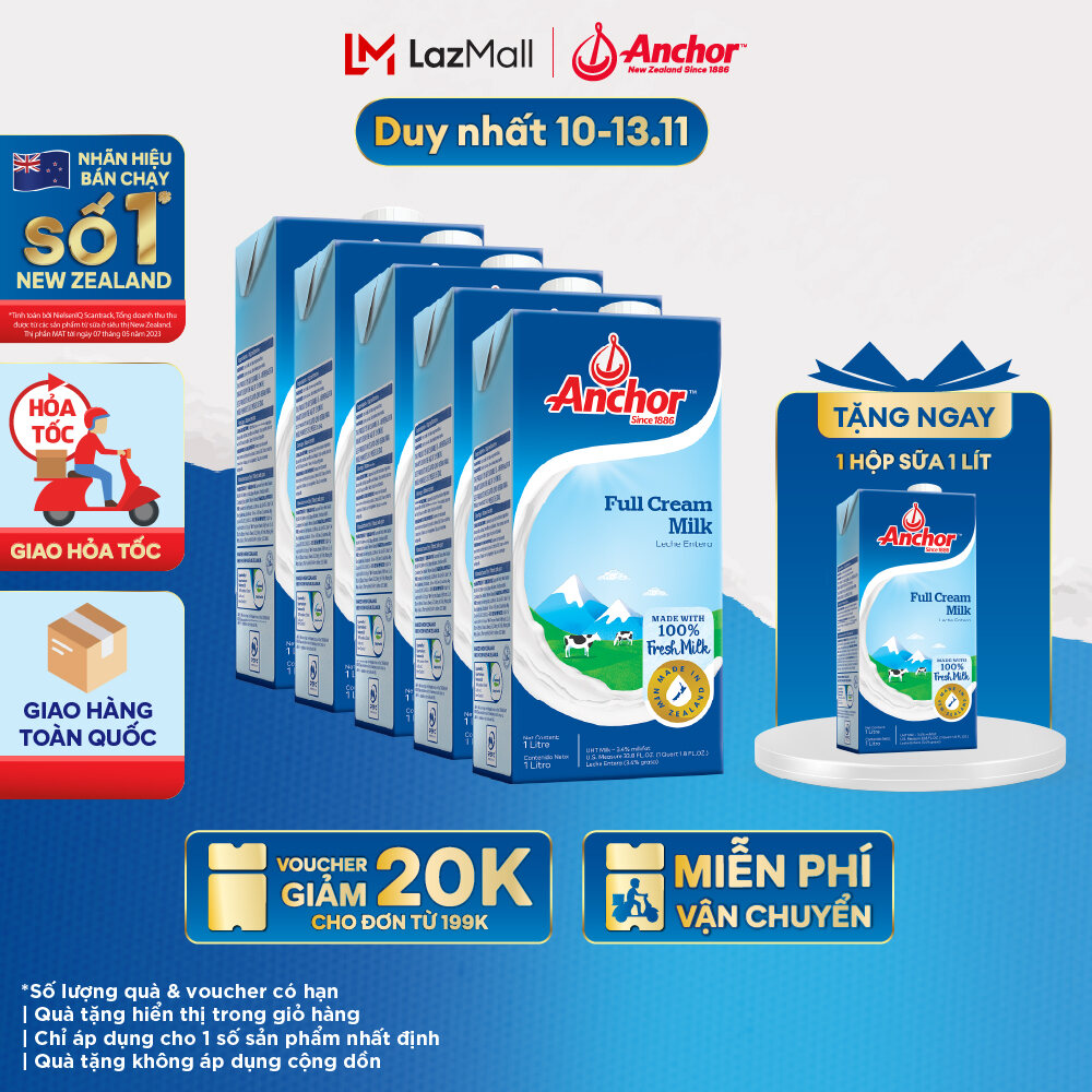 [GIAO HÀNG HỎA TỐC - HCM] Combo 5 Sữa Tươi Tiệt Trùng Anchor Nguyên Kem Hộp 1 Lít