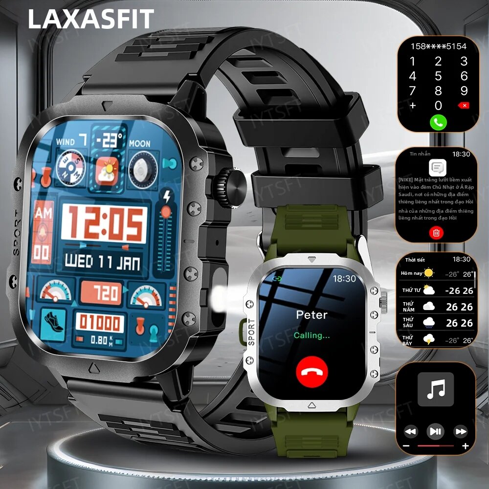 LAXASFIT Quân Đội Đồng Hồ Thông Minh Dành Cho Nam 2.01′ Cuộc Gọi Bluetooth Theo Dõi Sức Khỏe Giám Sát Sức Khỏe Thể Thao Ngoài Trời Đồng Hồ Android Wear