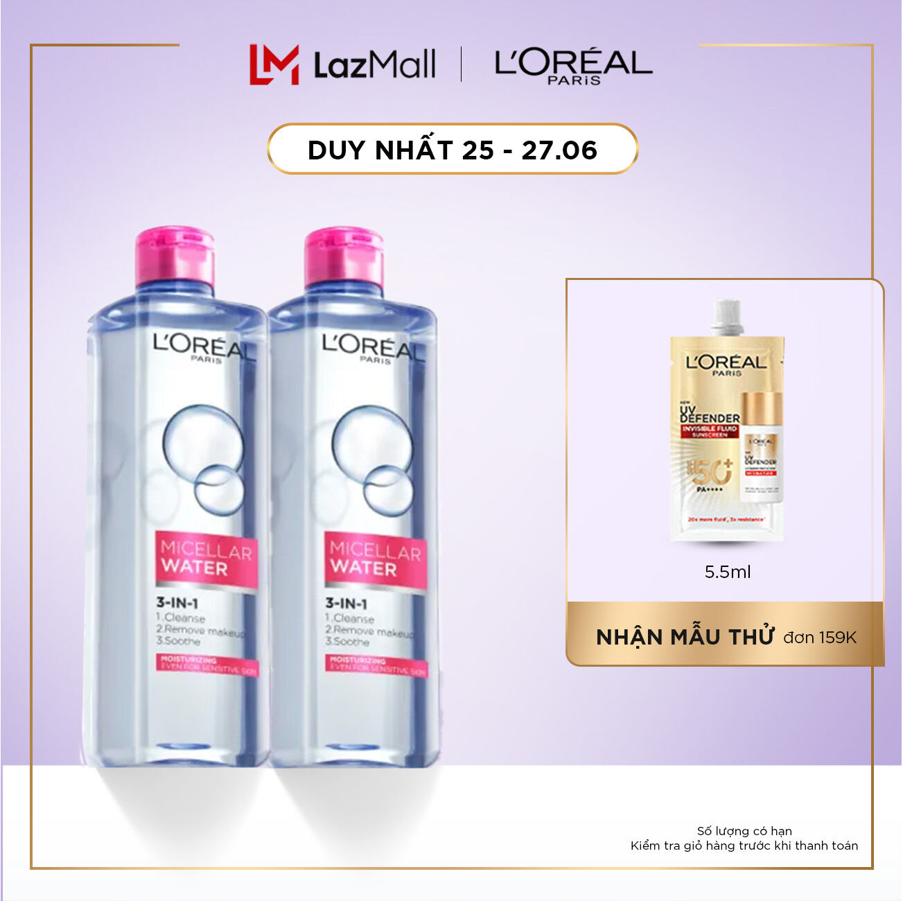 Bộ 2 nước tẩy trang dưỡng ẩm mượt da 3-in-1 L'Oreal Paris Micellar Water - Virtual