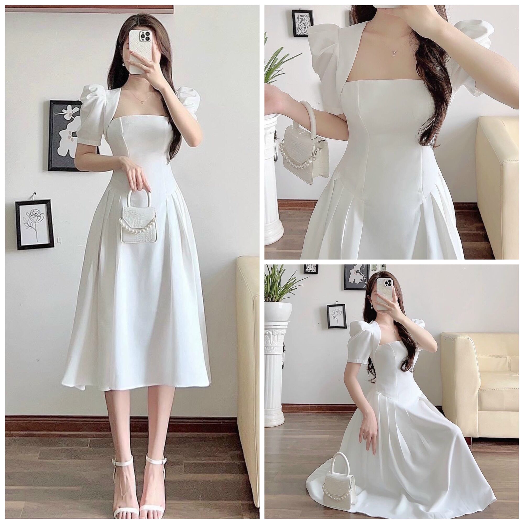 Đầm cổ vuông tùng xếp ly xoè xinh xắn tay bồng tyfashion
