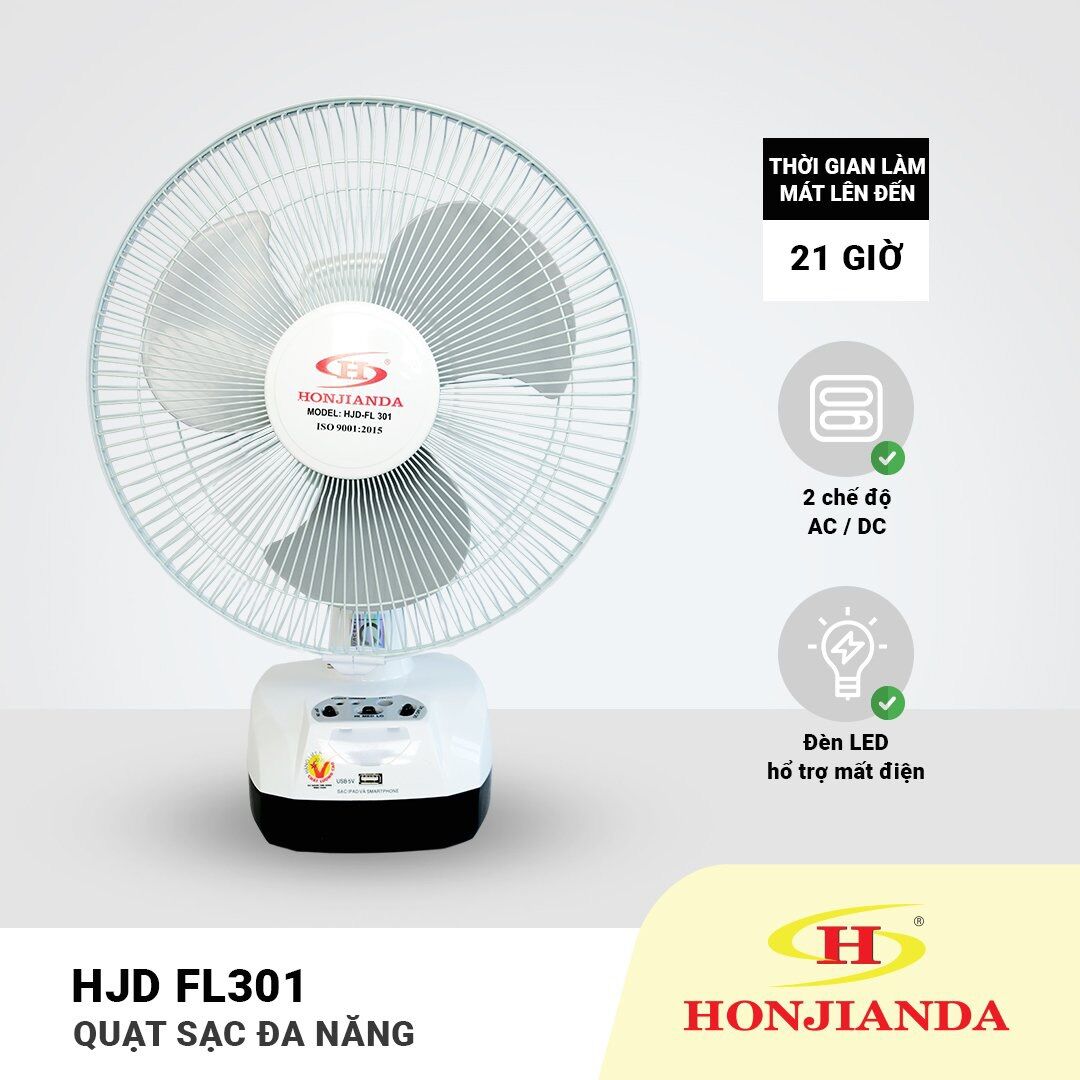 Quạt sạc Honjianda 301 tích điện -Hai loại 1 bình - 2 bình - Hàng chính hãng - Dùng đến 12h với 1 bình và 22h với 2 bình