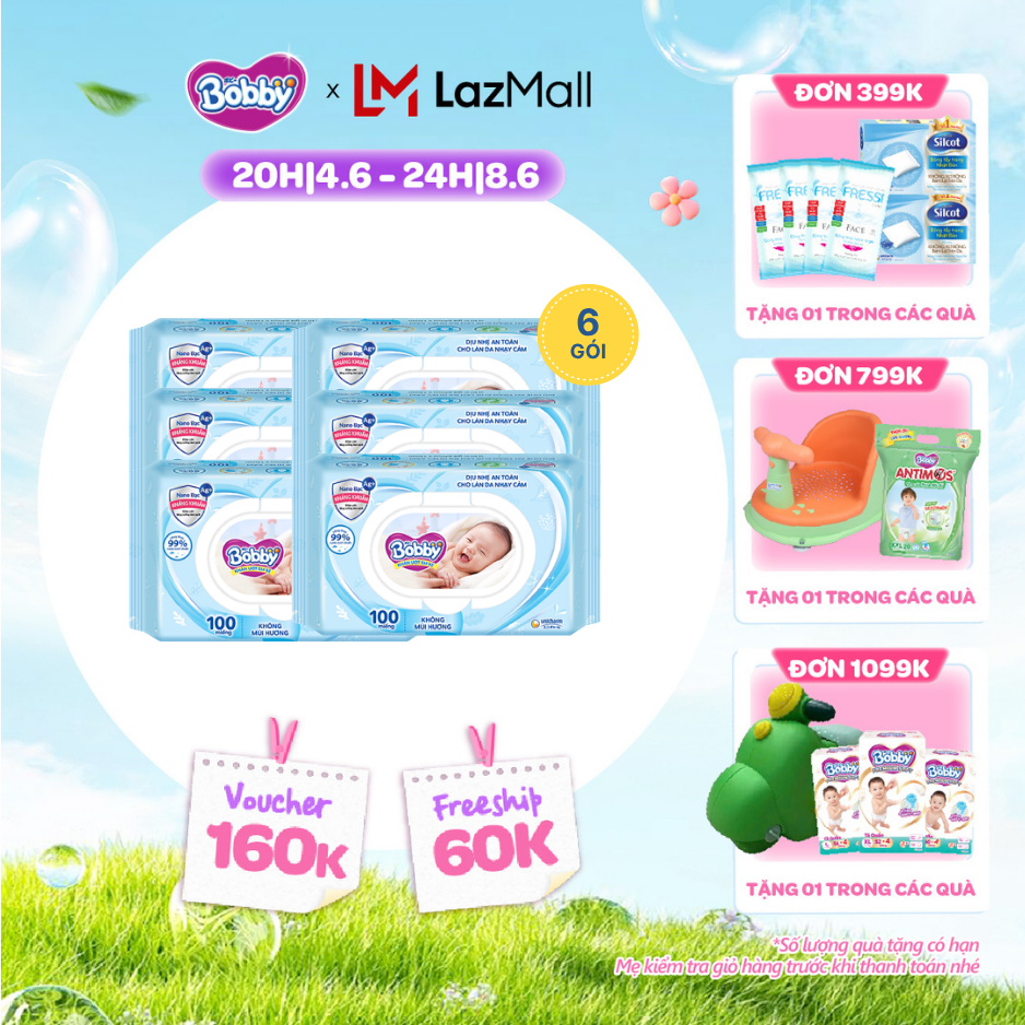 [QUÀ TẶNG HẤP DẪN TỪ 9-10.6]Combo 6 gói khăn ướt Bobby Care không hương 100 miếng/gói