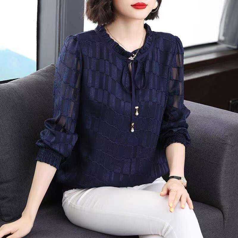 Áo Sơ Mi Nữ Tay Dài Ren Voan Che Bụng Thời Trang Cỡ Lớn Mẹ Mùa Thu Mới Về Áo Sơ Mi Cổ Tròn Tay Bồng 