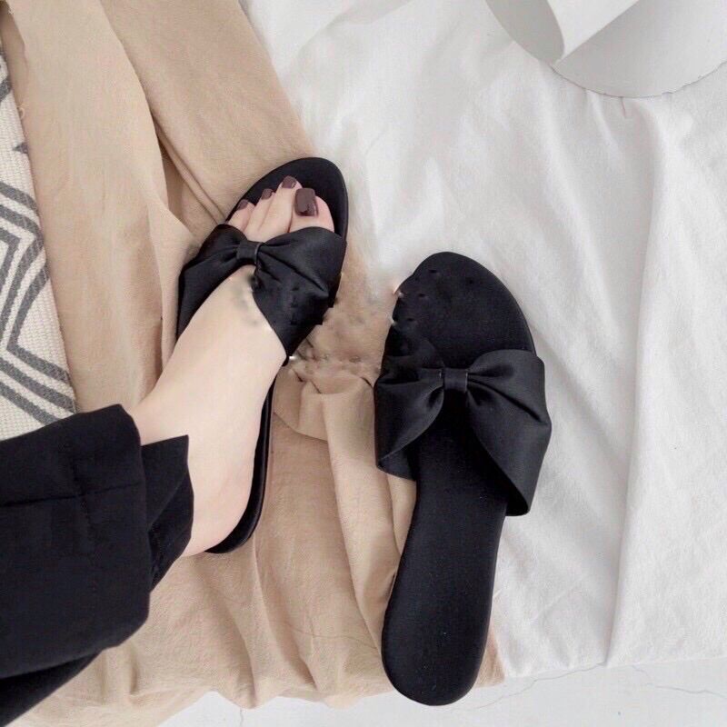 Dép lê nữ nơ lụa đen dép thời trang nữ nơ sang chảnh