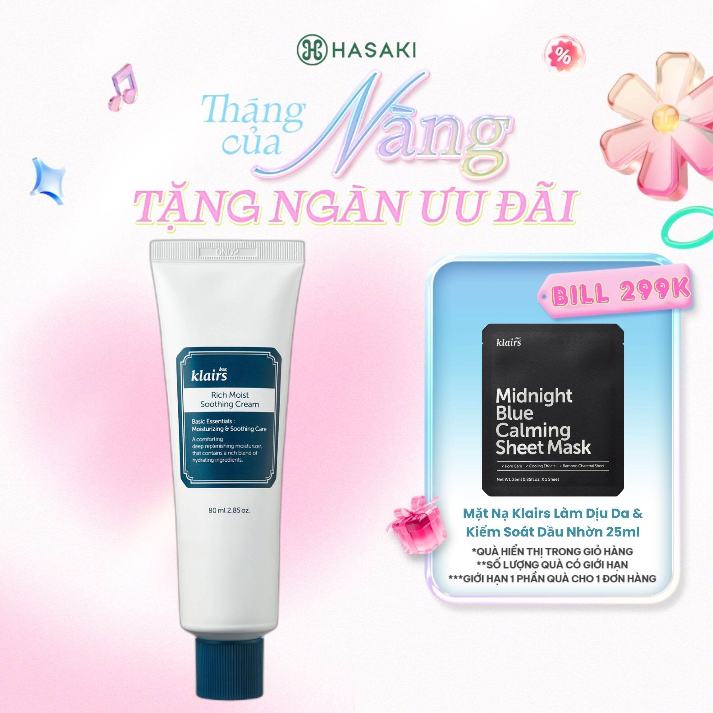 [MUA LÀ CÓ QUÀ] Kem Dưỡng Ẩm Klairs Cho Da Khô, Nhạy Cảm 80ml Rich Moist Soothing Cream Hasaki Sản Phẩm Chính Hãng