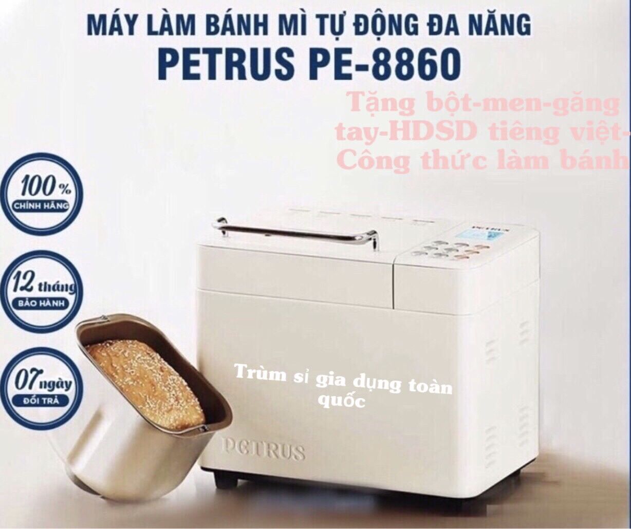 ( Sỉ)Máy làm bánh mỳ tự động chính hãng Petrus 8860 /8855GR có khay rắc hạt (Tặng decal tiêng việt-công thức làm bánh-hướng dẫn)
