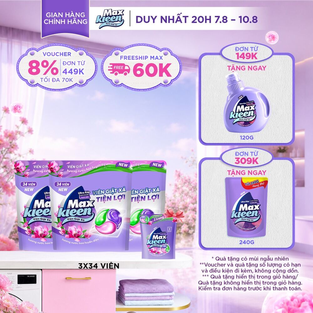 Combo 3 Túi Viên Giặt Xả MaxKleen  Hương Nước Hoa Huyền Diệu (Túi 34+4 Viên)