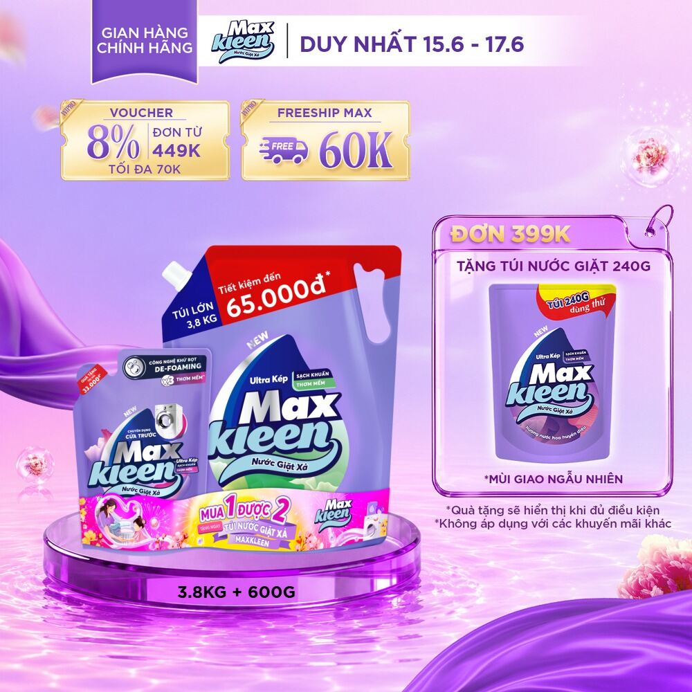 Combo Nước giặt xả MaxKleen Hương Vườn Sớm Mai: 1 Túi 3.8kg + 1 Túi 600g