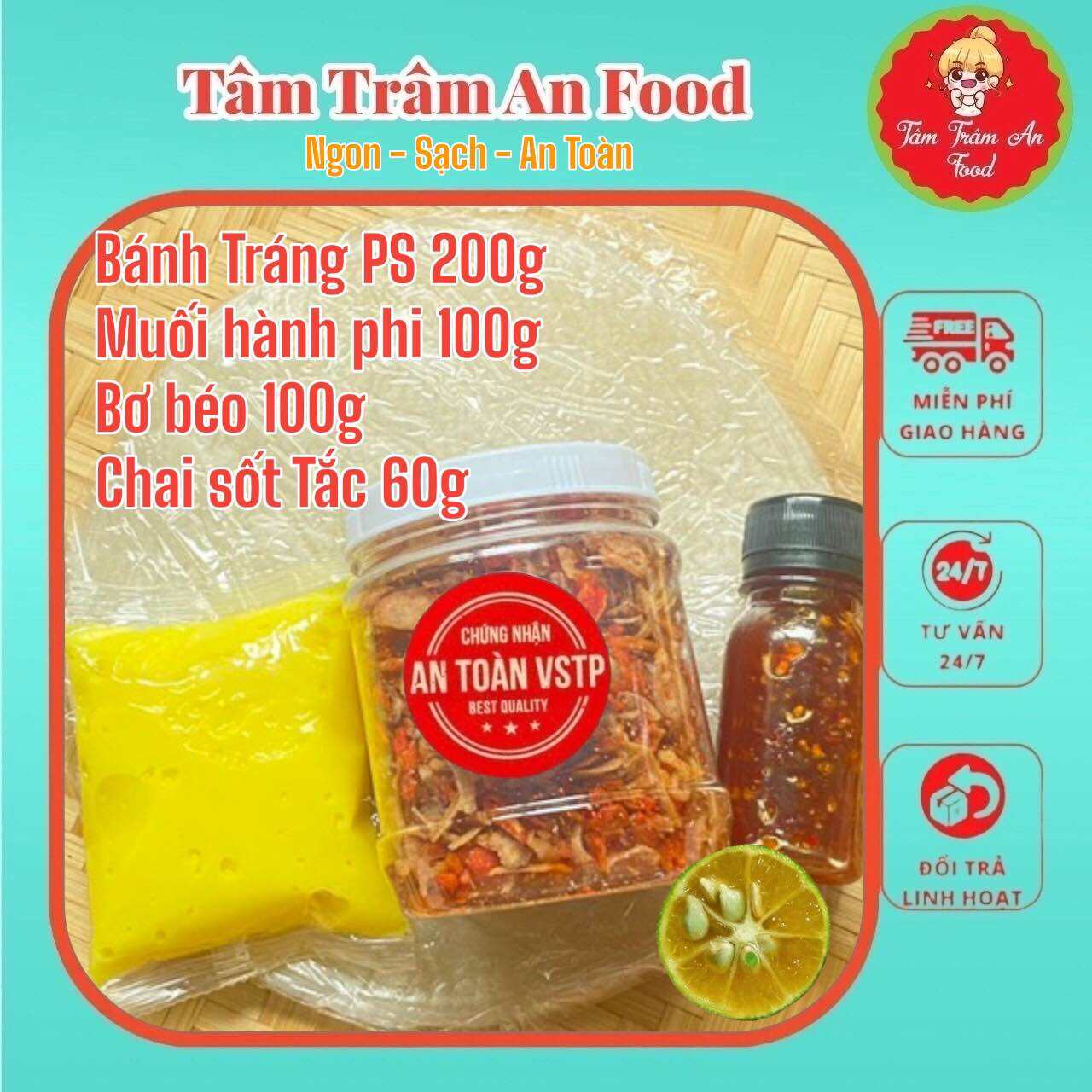 Combo bánh tráng phơi sương 200g, 100g muối hành phi,100g bơ trứng gà, 1 chai sốt me 80g